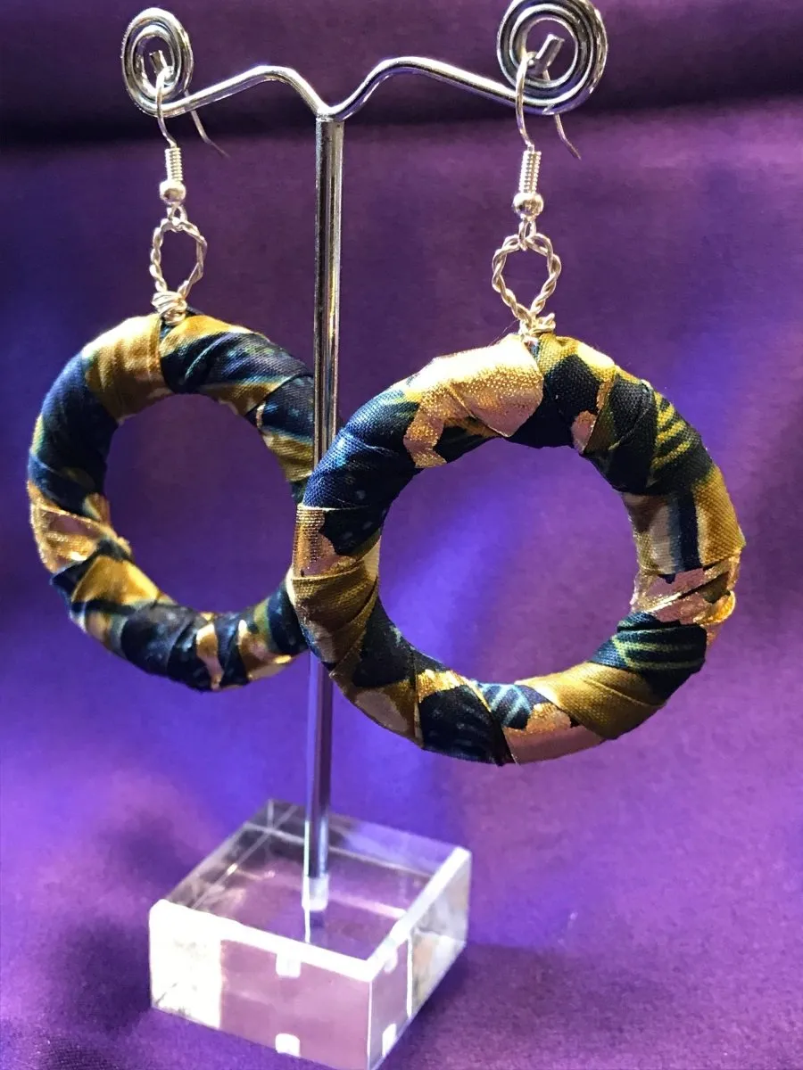 African Hoops in Black Ankara Print - Up cycled Zero Waste Earrings