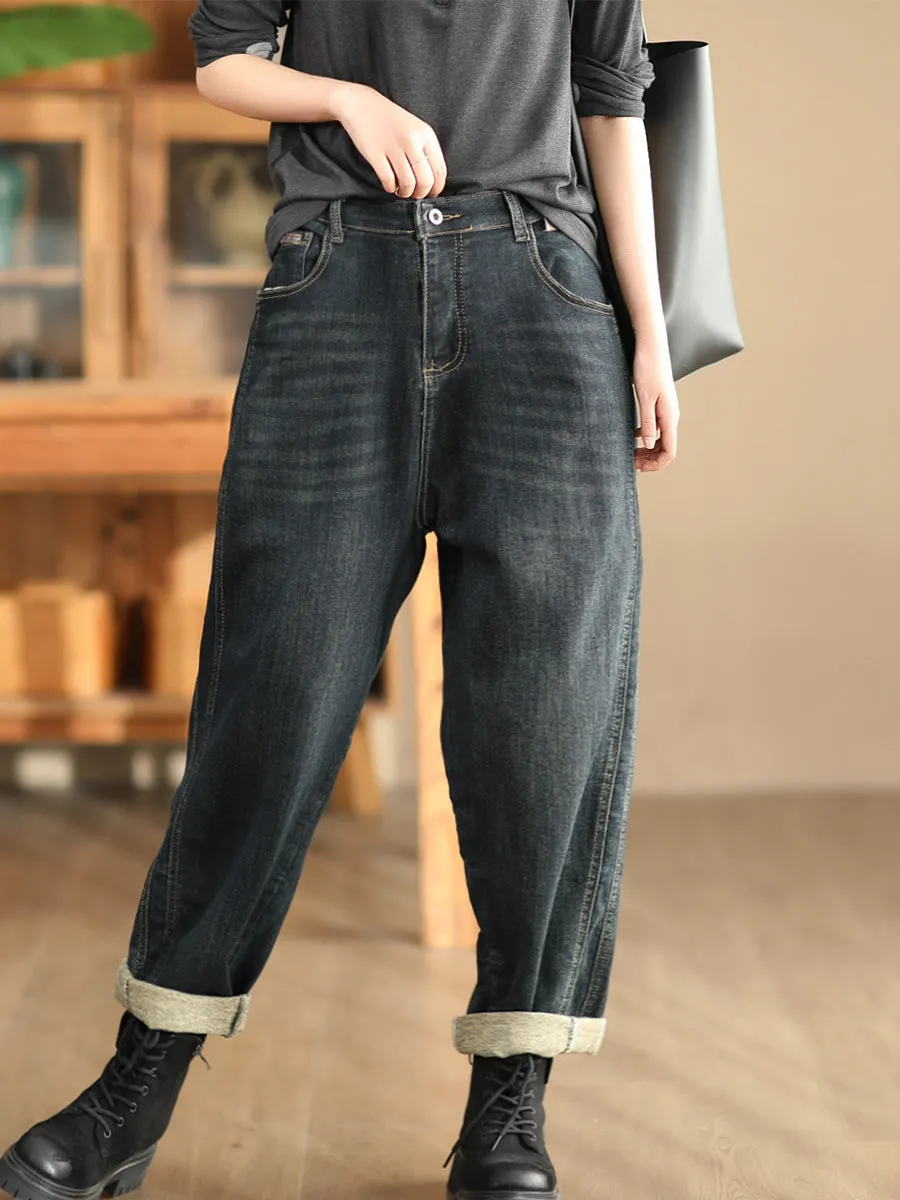 Babakud Women Autumn Simple Artistic High Elastic Waist Denim Pants