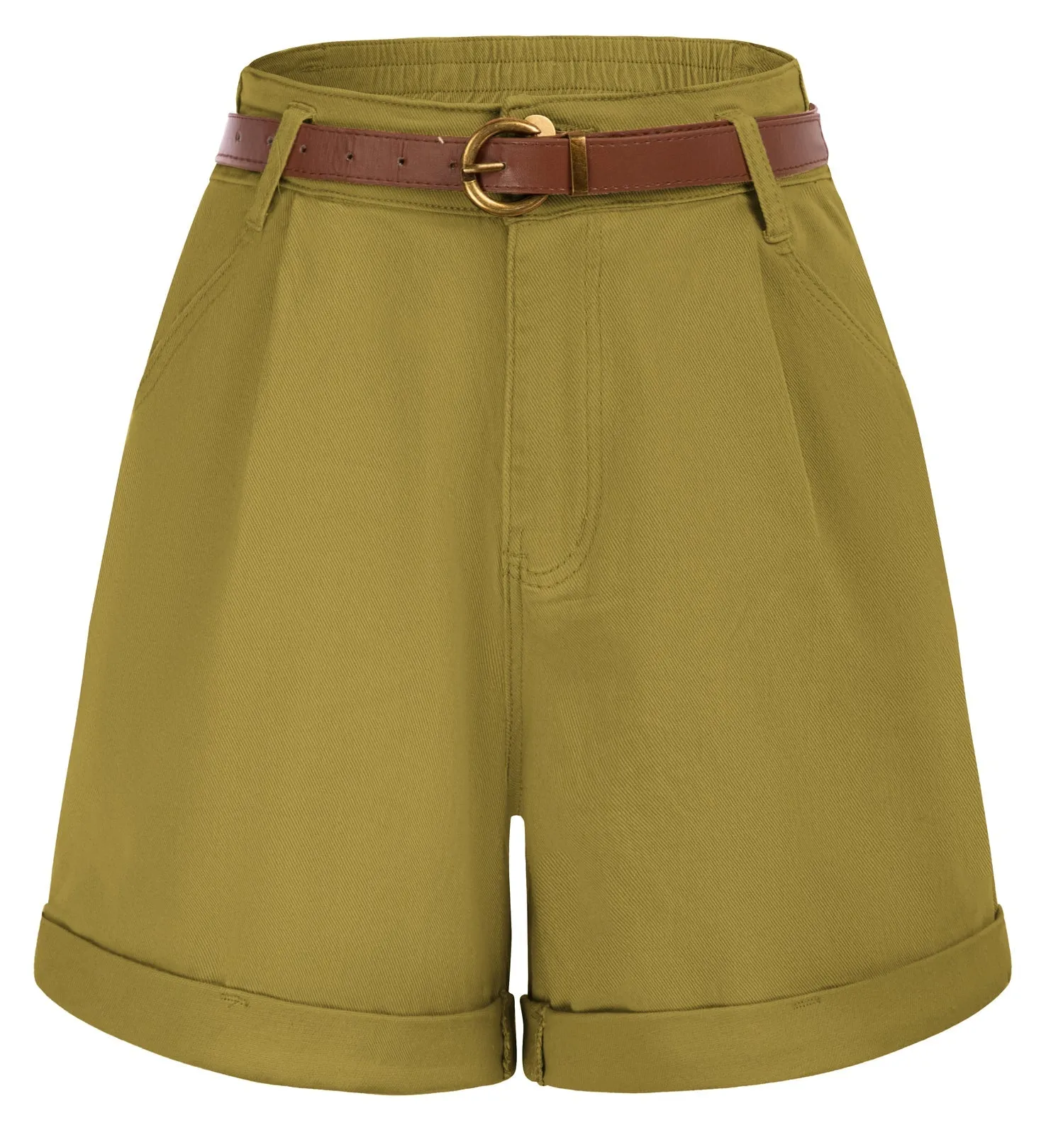 Bermuda Shorts Elastic Waist Wide Leg Shorts with Pockets & Belts