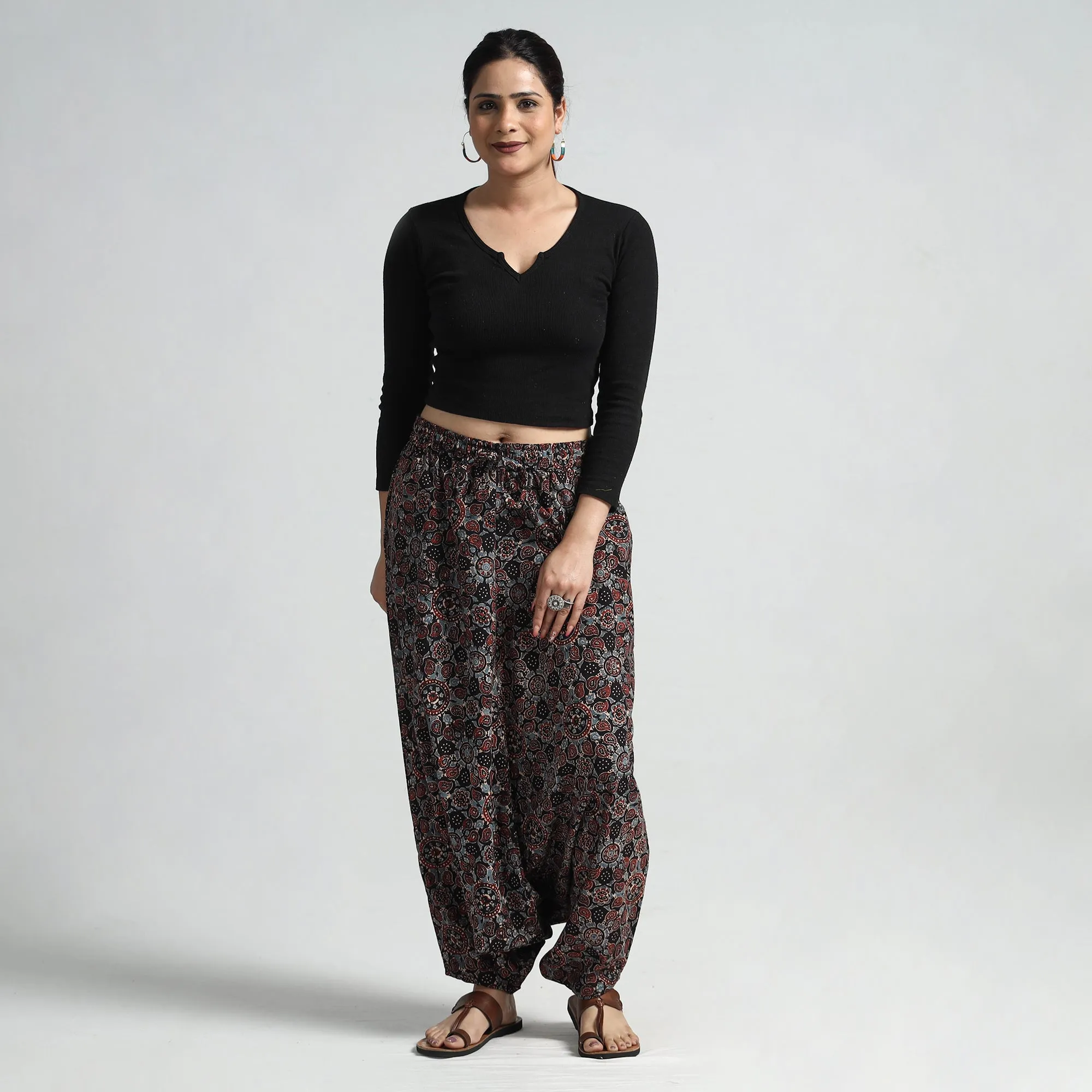 Black - Ajrakh Hand Block Printed Cotton Elasticated Harem Pant