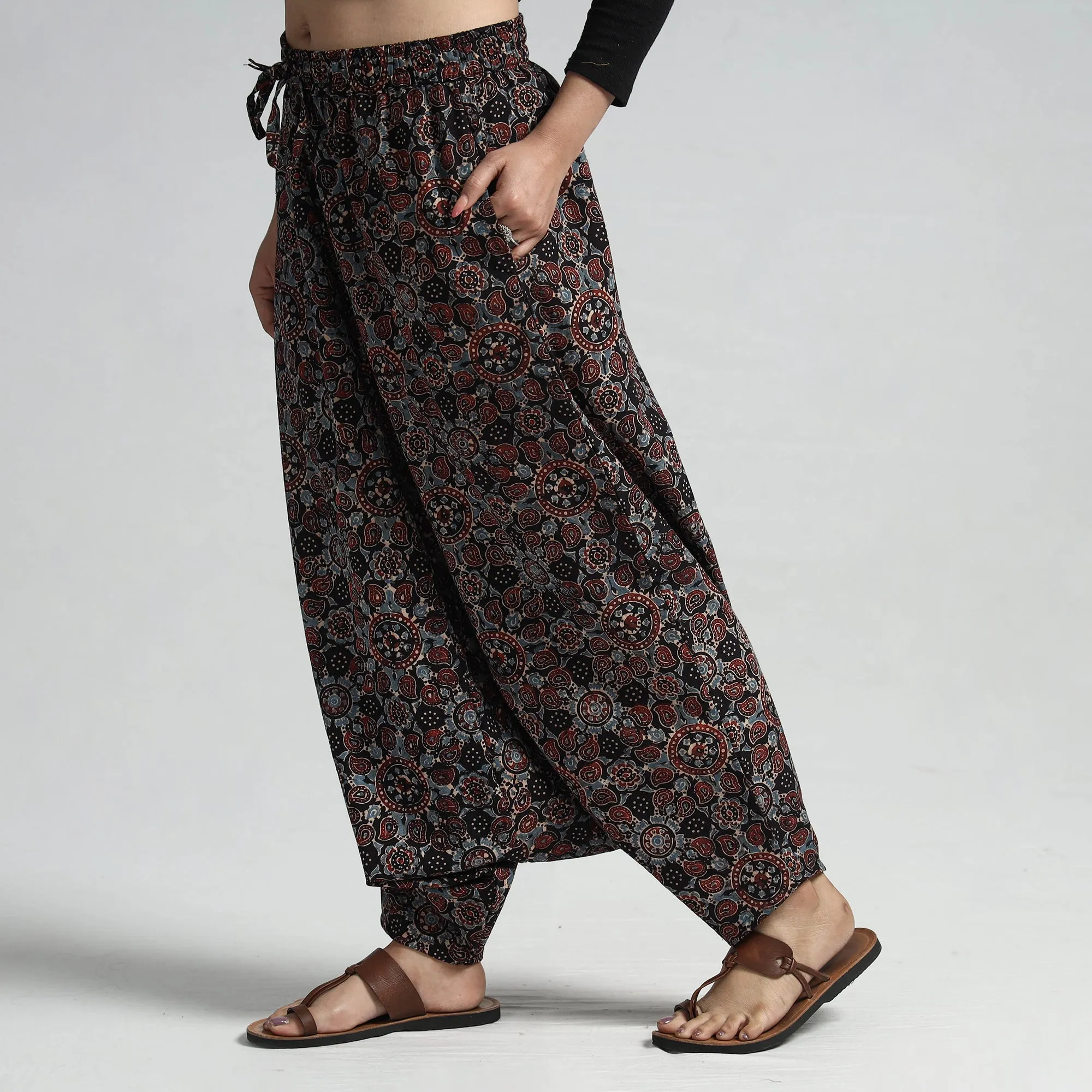 Black - Ajrakh Hand Block Printed Cotton Elasticated Harem Pant