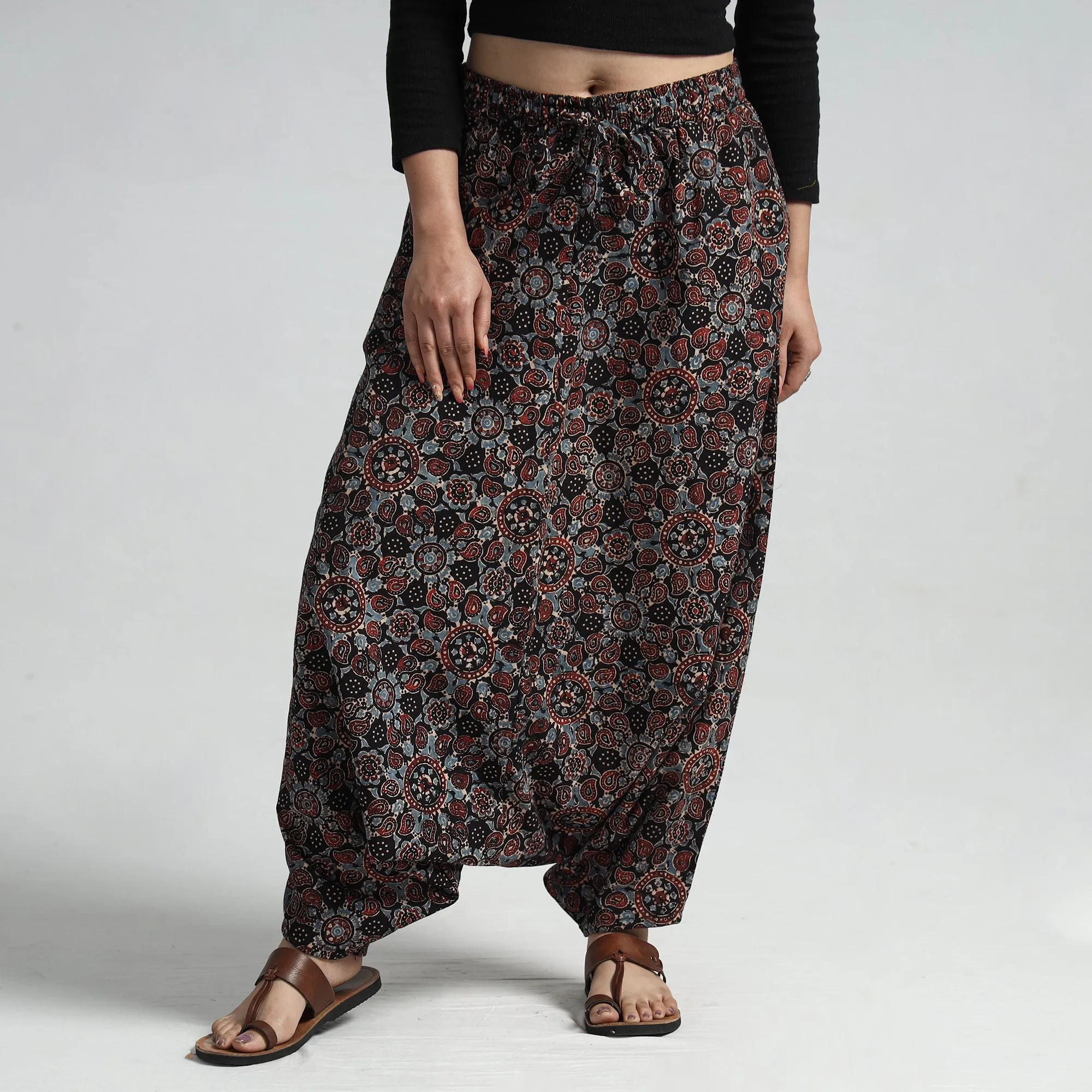 Black - Ajrakh Hand Block Printed Cotton Elasticated Harem Pant