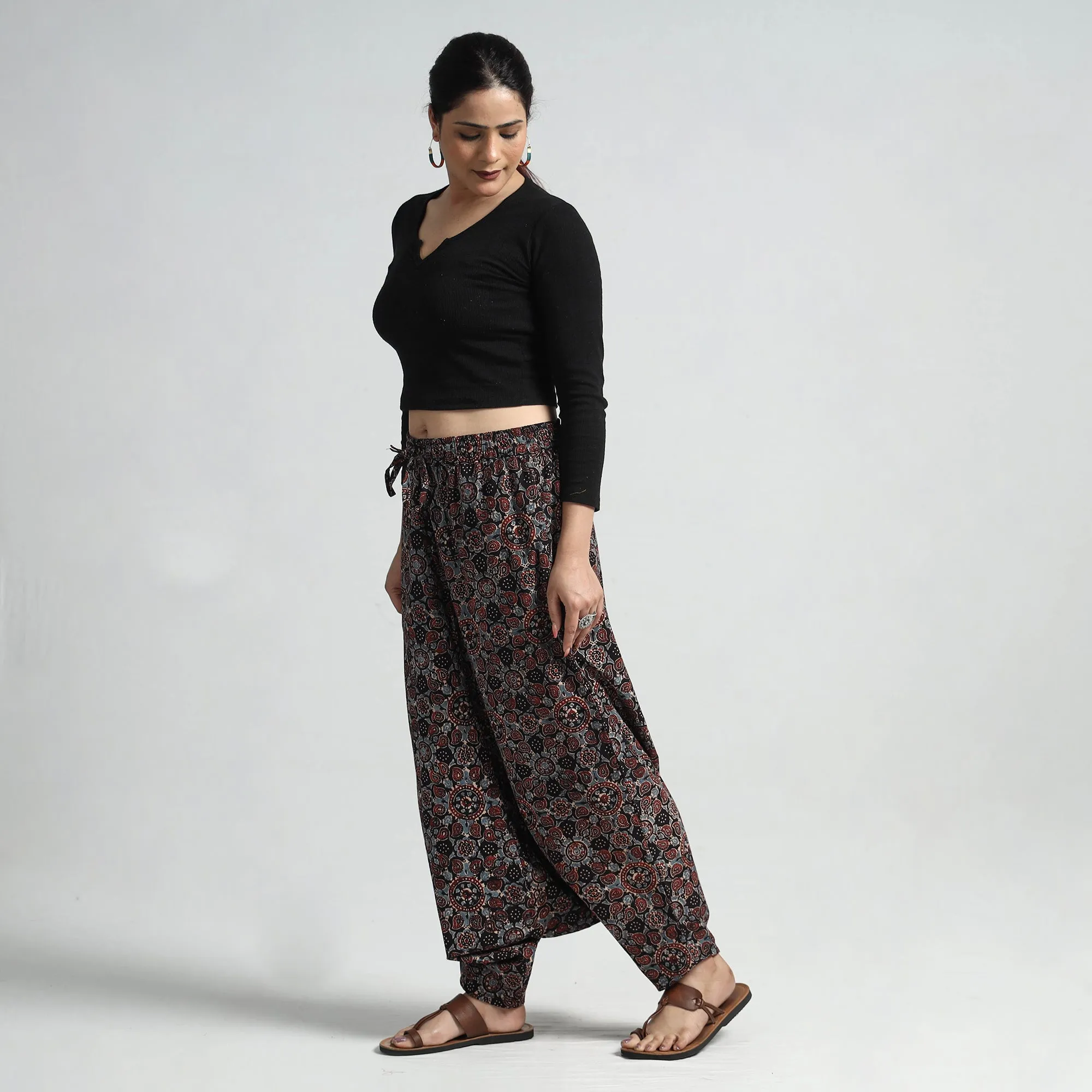 Black - Ajrakh Hand Block Printed Cotton Elasticated Harem Pant