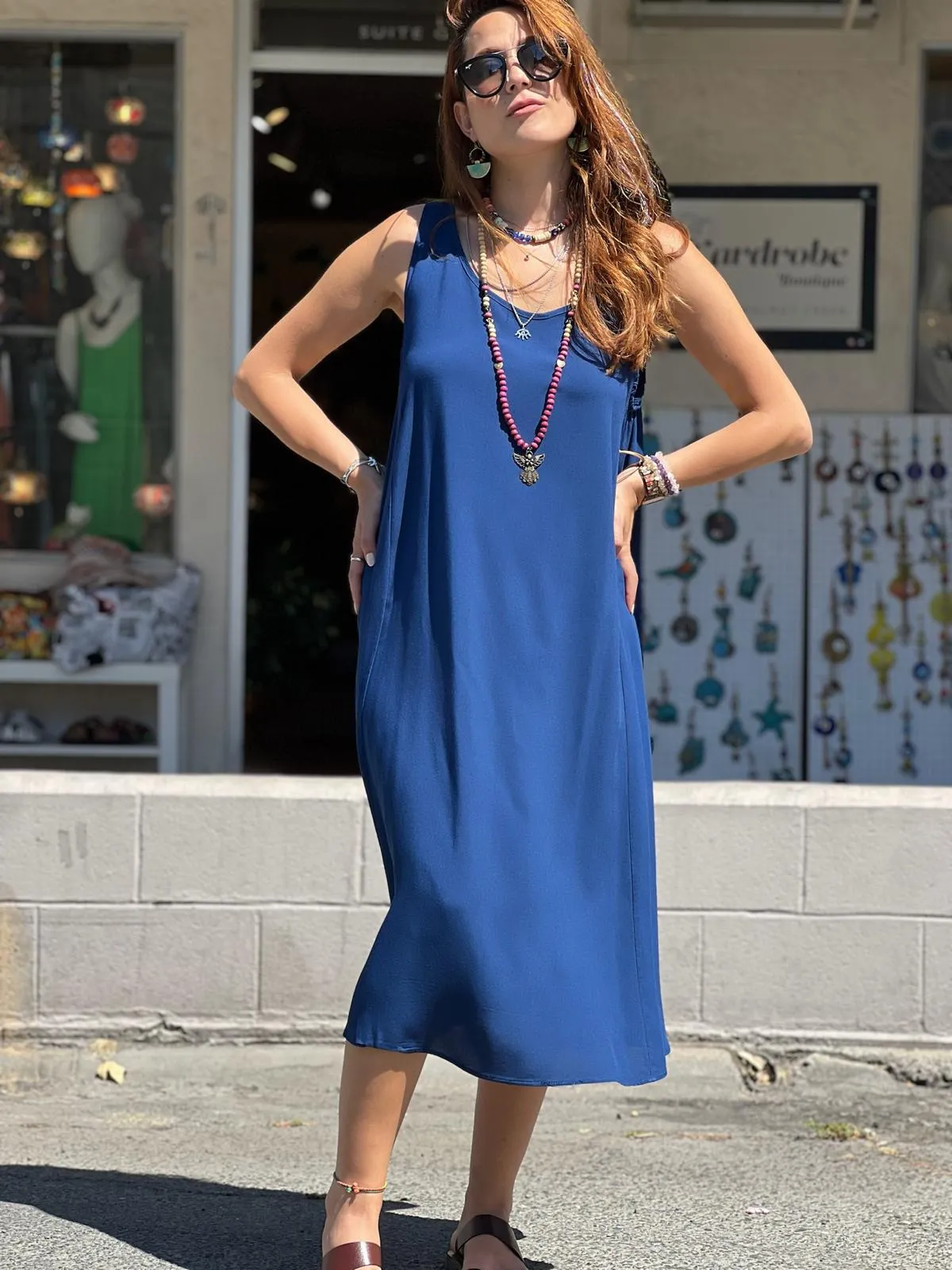 Blue Pocket Detailed Viscose Dress