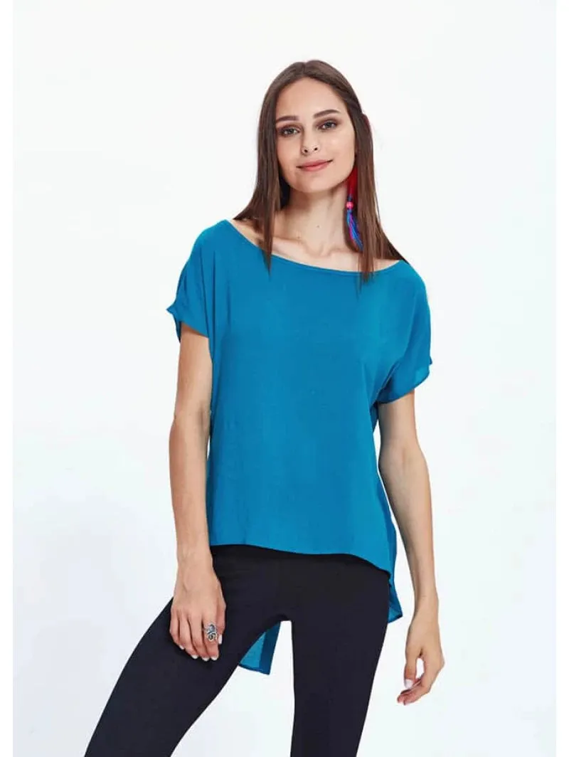 Boat Neck Short in Front Long in Back Blue Blouse