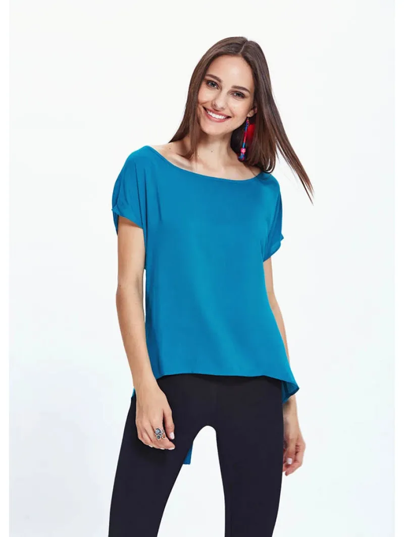 Boat Neck Short in Front Long in Back Blue Blouse