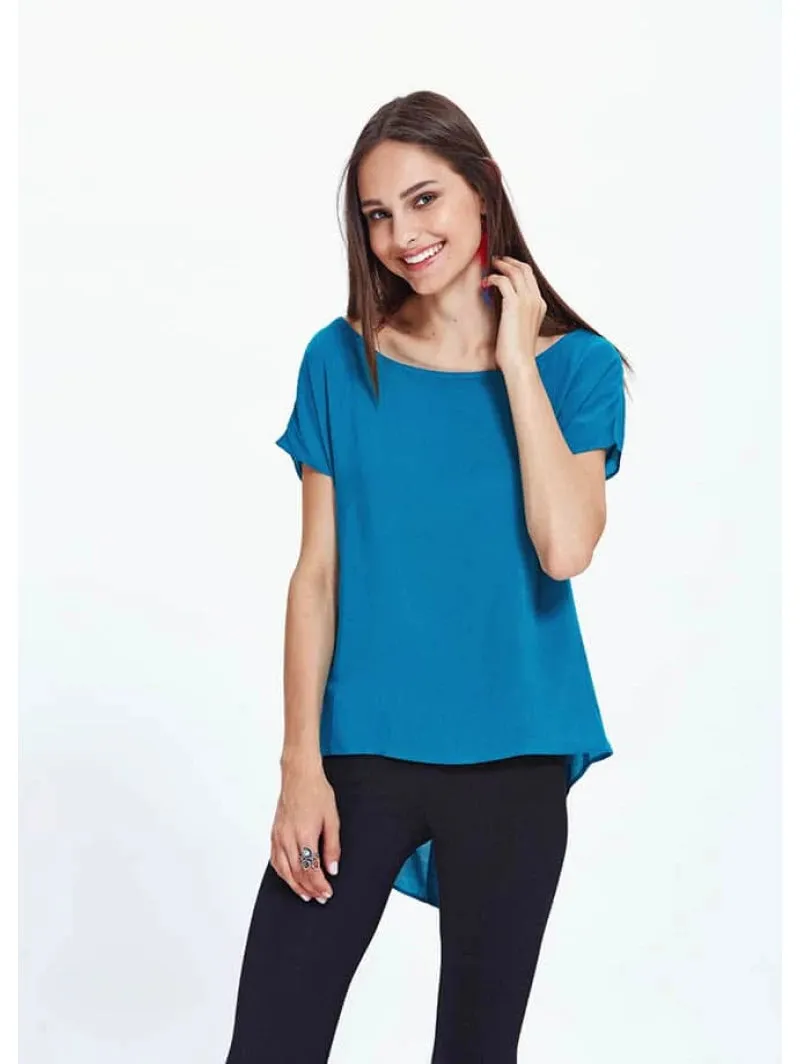 Boat Neck Short in Front Long in Back Blue Blouse