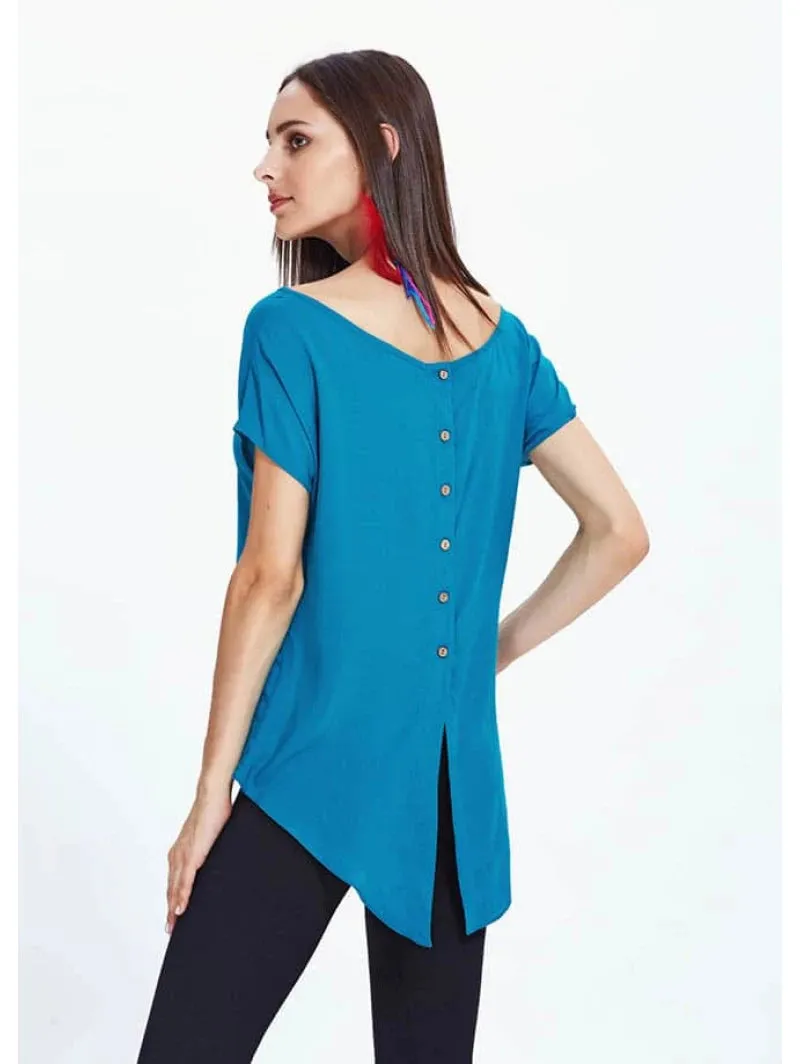 Boat Neck Short in Front Long in Back Blue Blouse