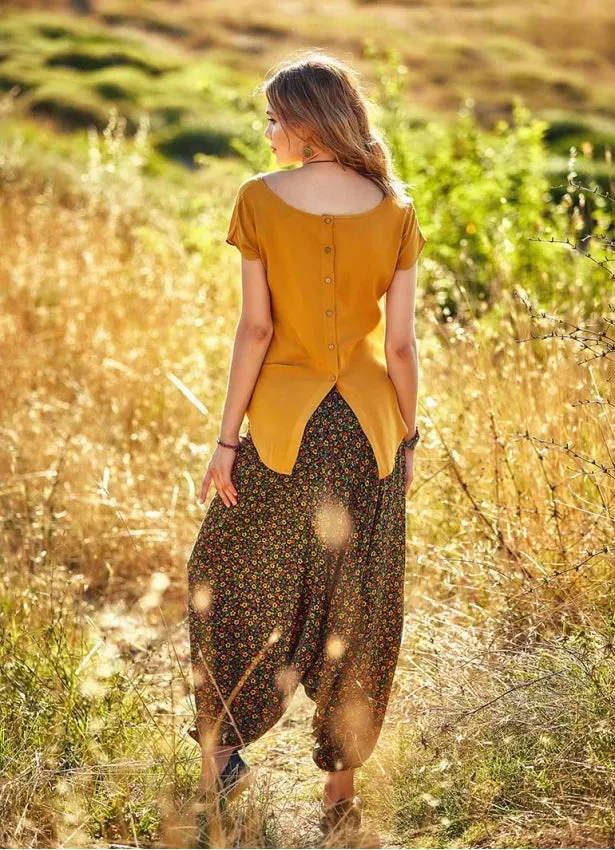 Casual Yellow Blouse with Boat Neck Button Detail