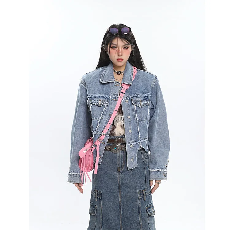 Chrissy Distressed Patchwork Denim Blue Shoulder Padded Button Up Jeans Jacke