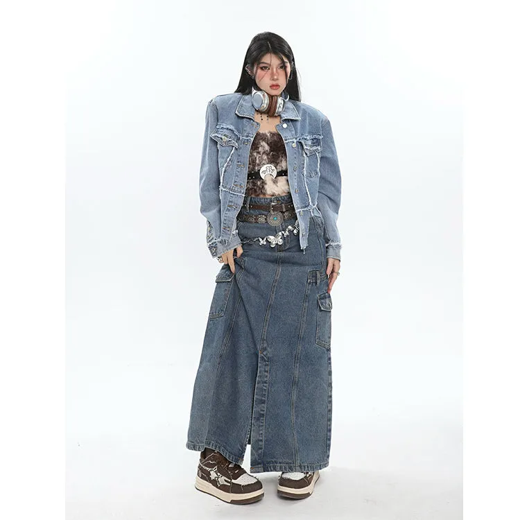 Chrissy Distressed Patchwork Denim Blue Shoulder Padded Button Up Jeans Jacke