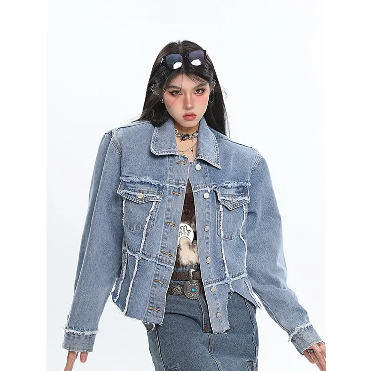 Chrissy Distressed Patchwork Denim Blue Shoulder Padded Button Up Jeans Jacke