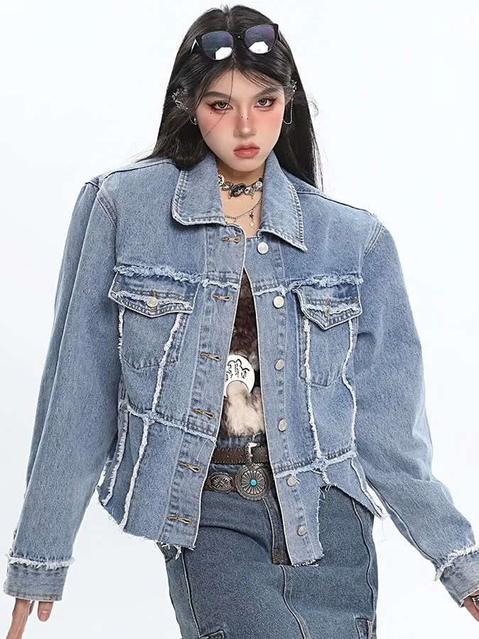 Chrissy Distressed Patchwork Denim Blue Shoulder Padded Button Up Jeans Jacke