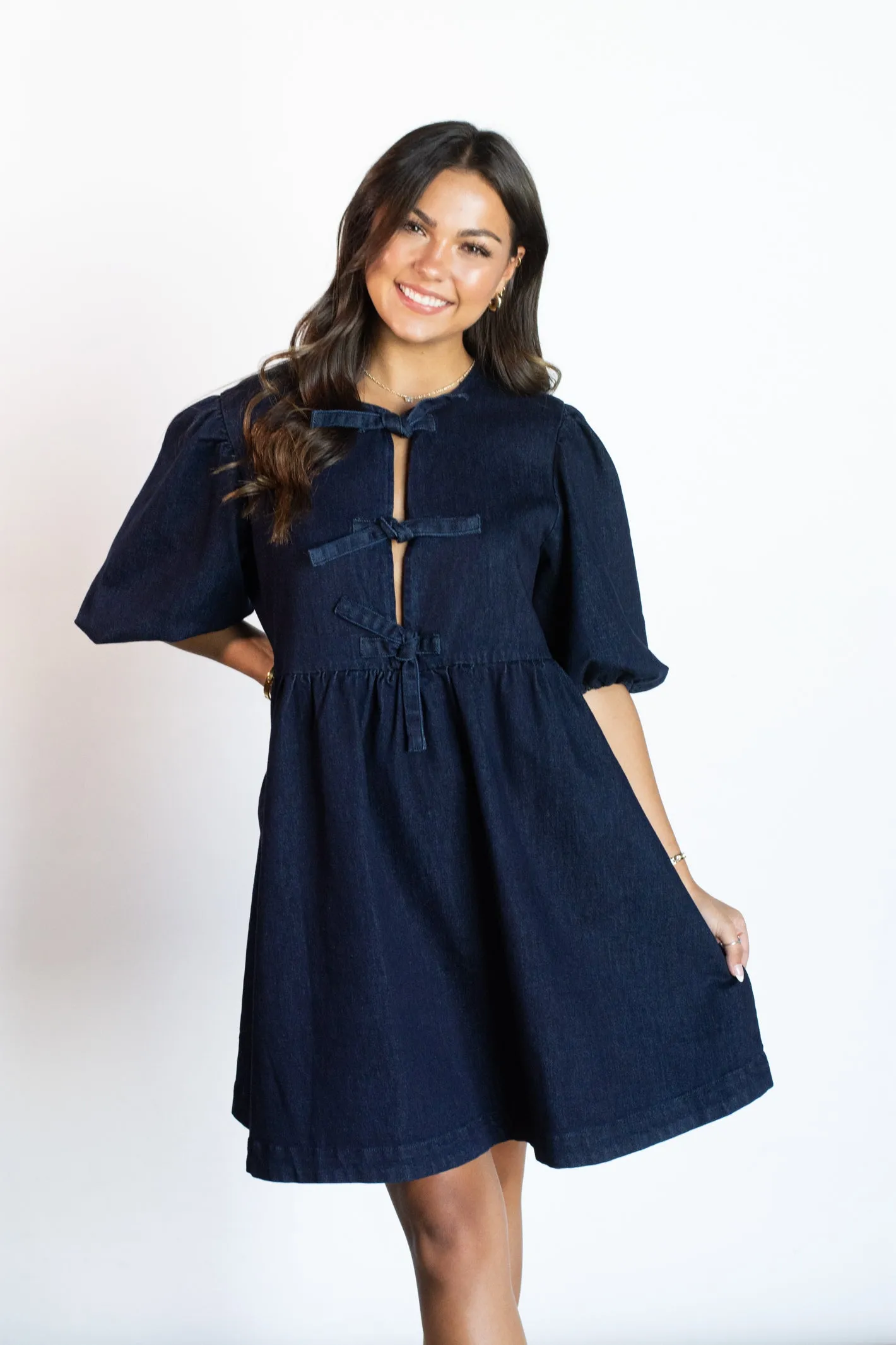 Downtown Daze Dark Washed Denim Bow Dress