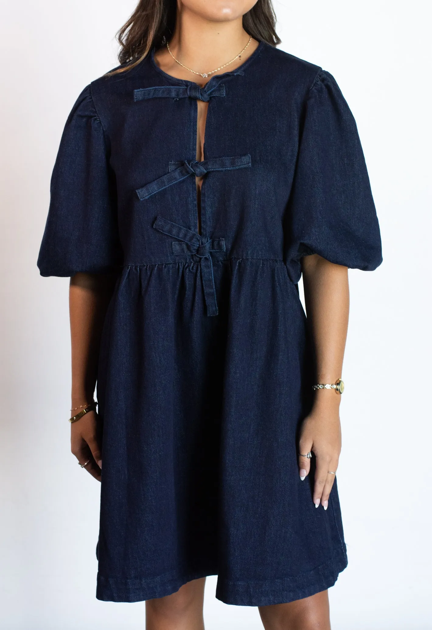 Downtown Daze Dark Washed Denim Bow Dress