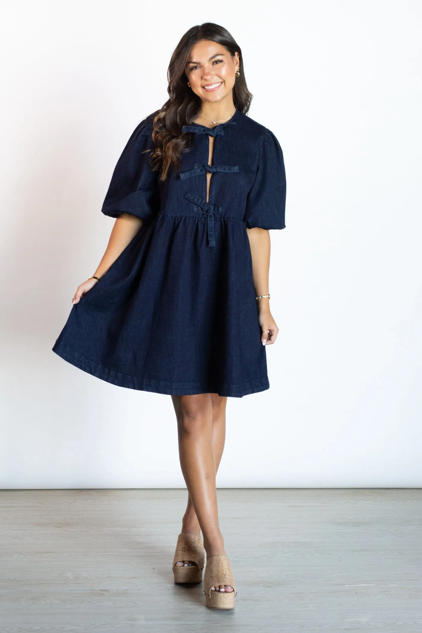 Downtown Daze Dark Washed Denim Bow Dress