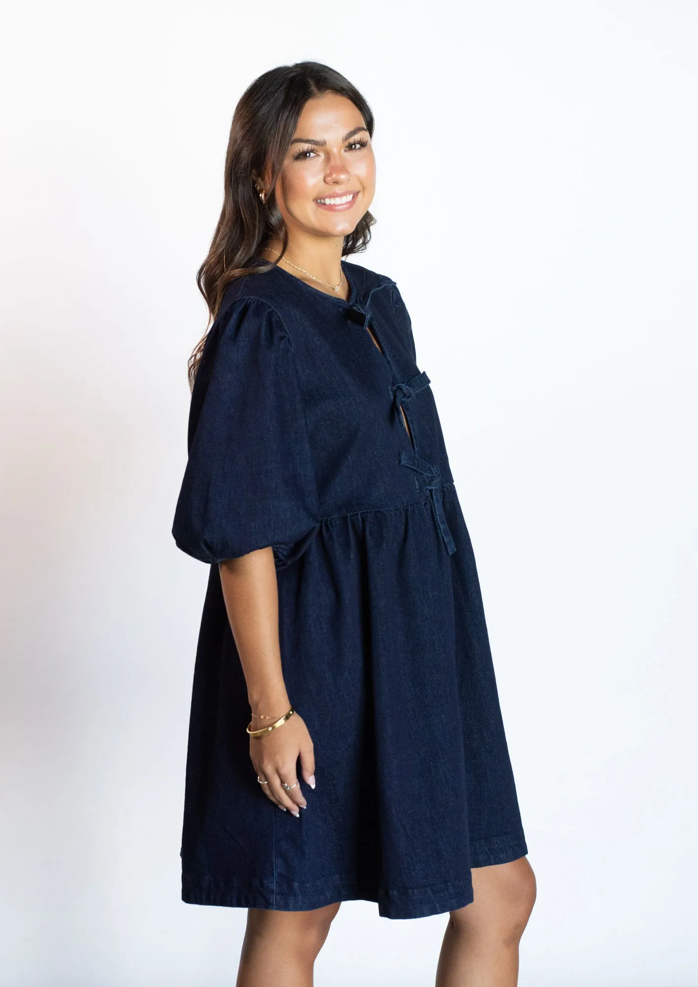 Downtown Daze Dark Washed Denim Bow Dress