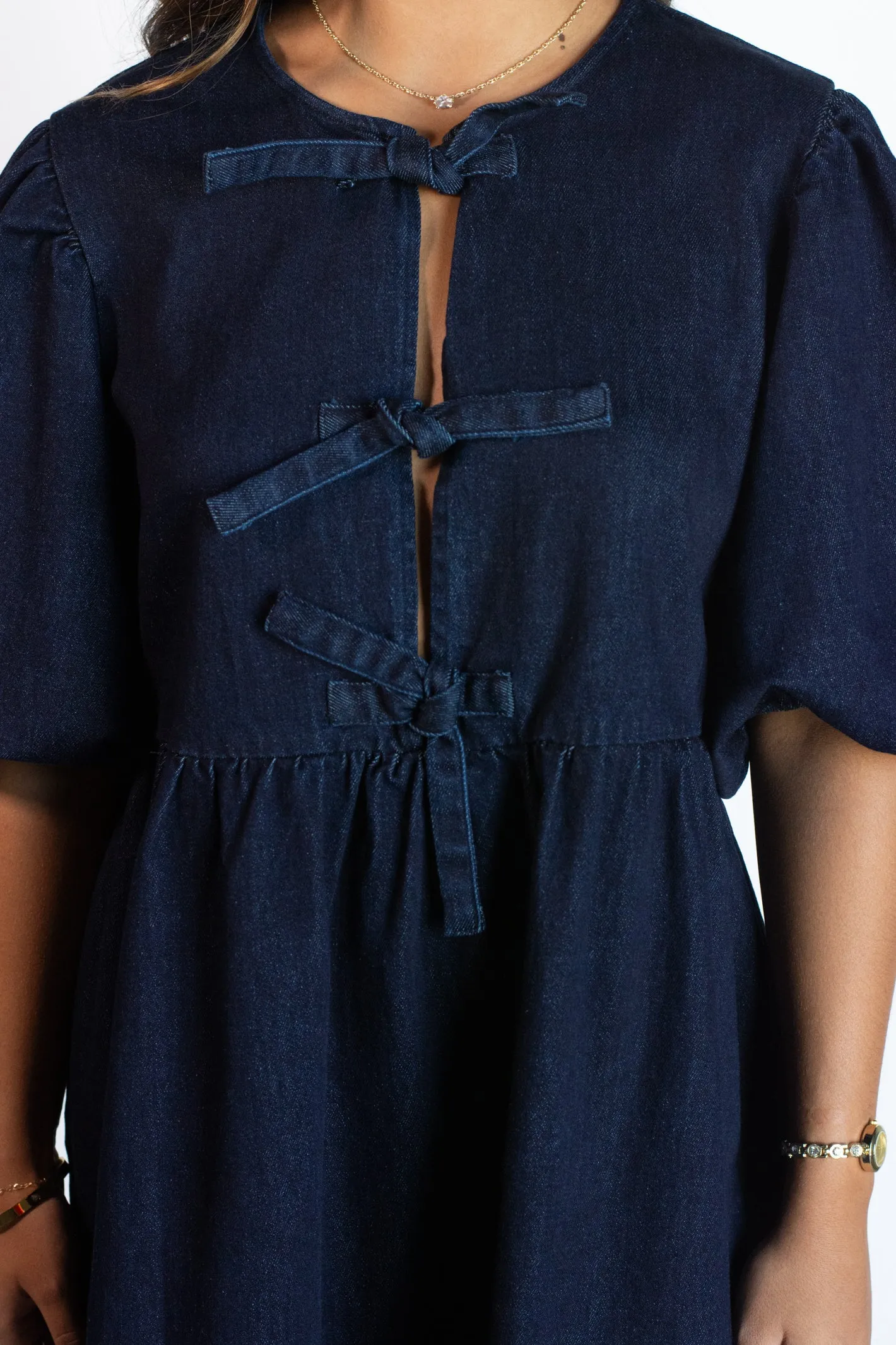 Downtown Daze Dark Washed Denim Bow Dress