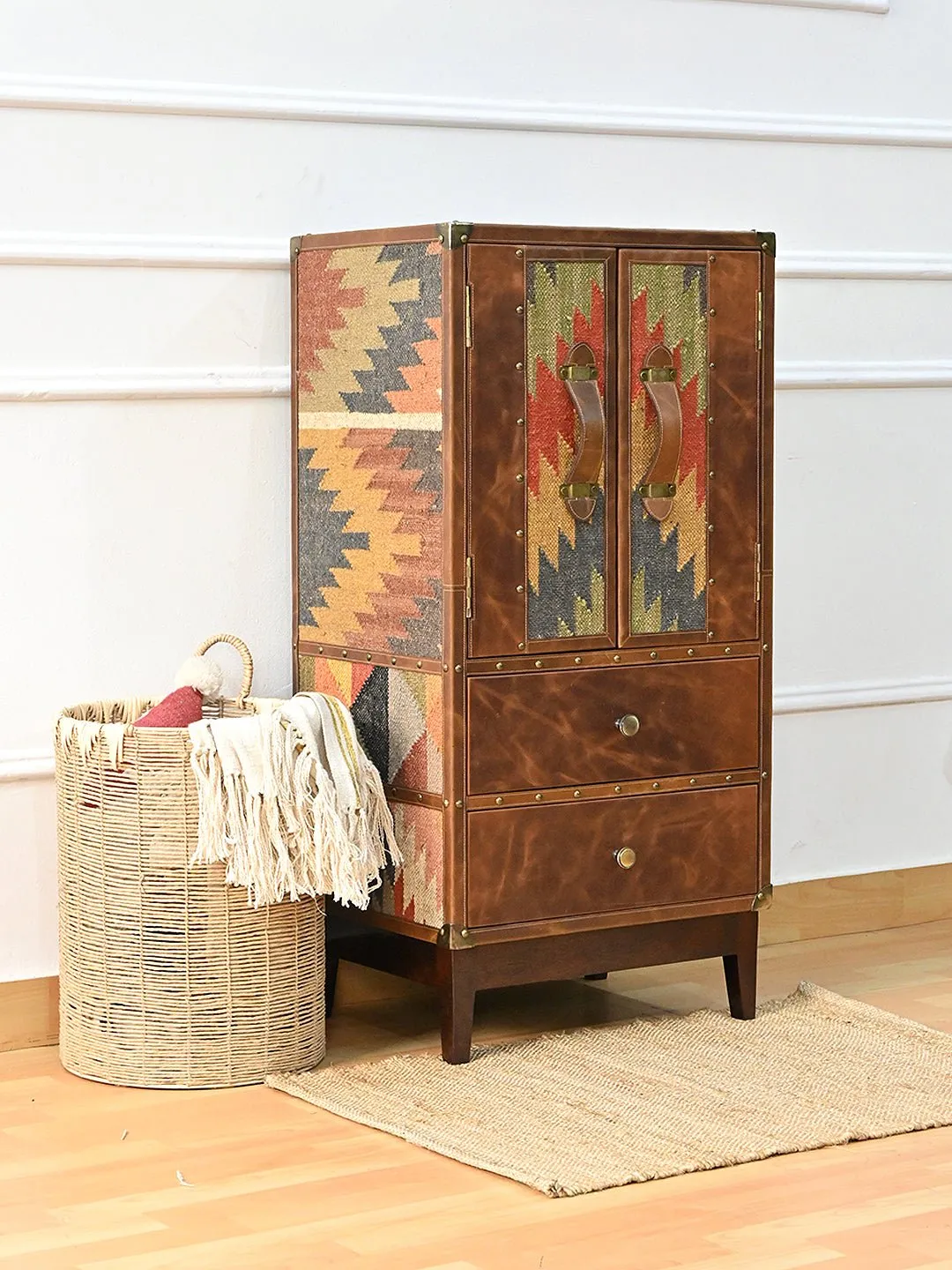 ELEGANCE CABINET WITH DRAWER - KILIM AND LEATHER