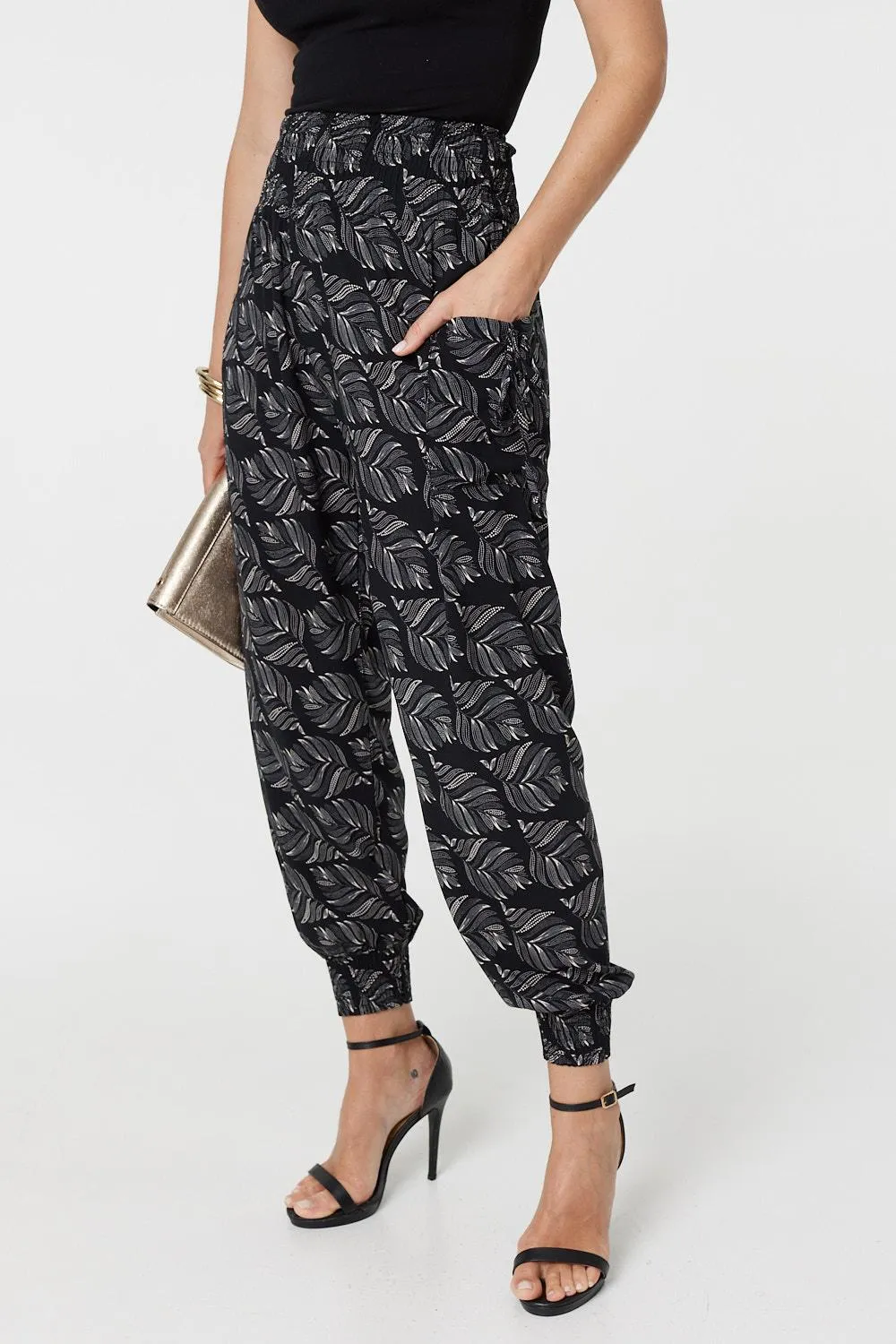 Feather Print High Waist Harem Pants