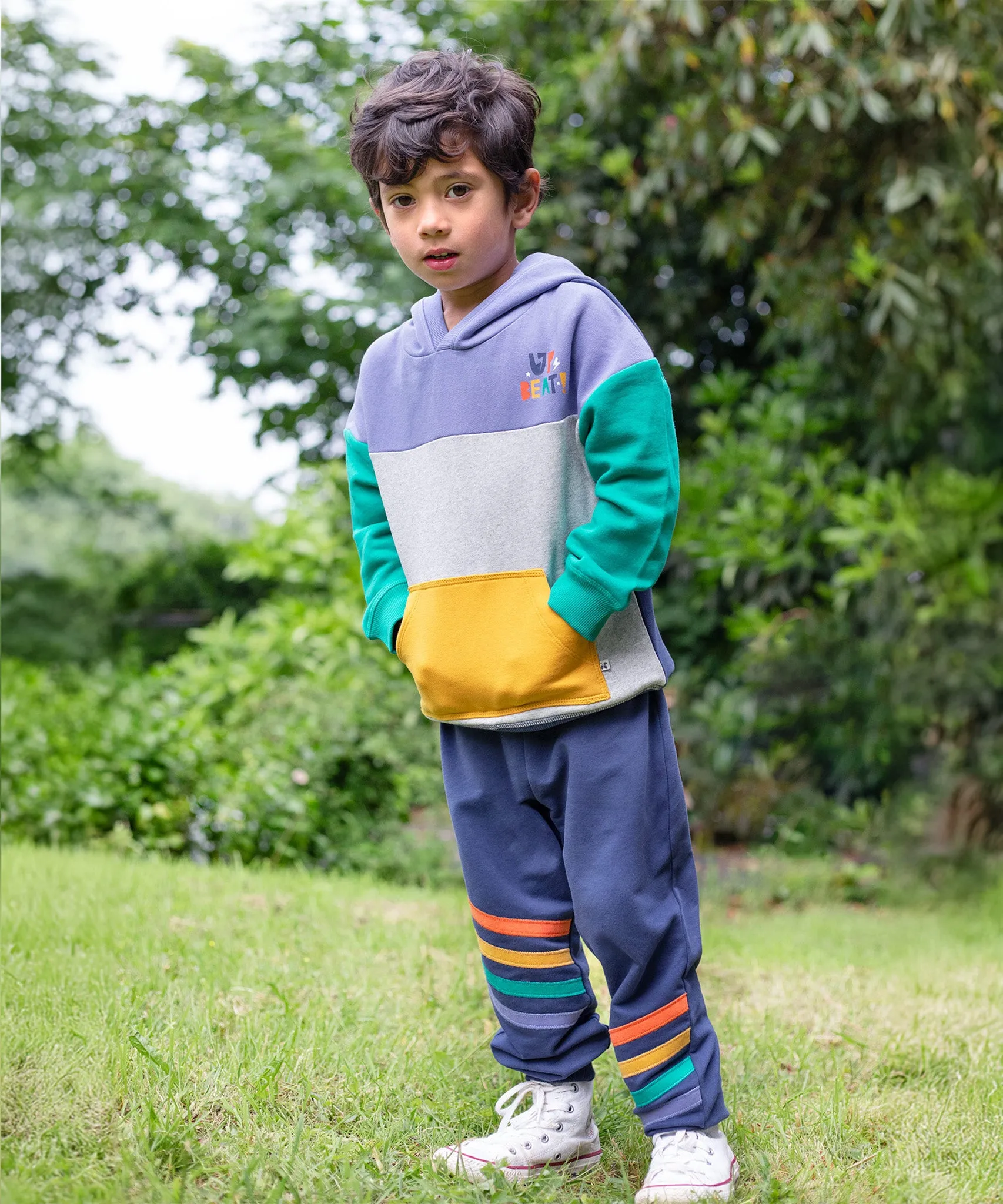 Frugi Bowen Colour Block Hoodie - Grape/Up Beat