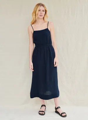 Gauze Open Back Midi Dress in New Navy