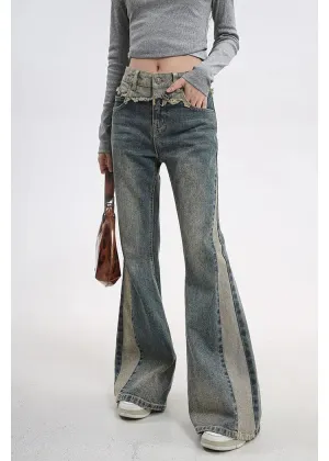 Girlary Fashion Raw Edge Splicing Jeans Woman Plus Size American Retro Hottie Slim Floor Mopping Casual Bell Bottoms High Waisted Jeans