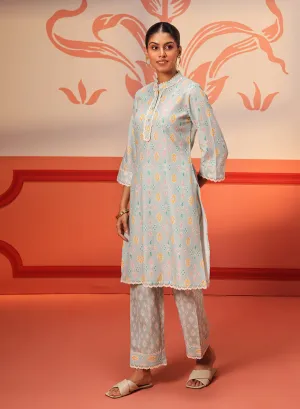 Haya Sky Blue Printed Cotton Linen Tunic Set for Women