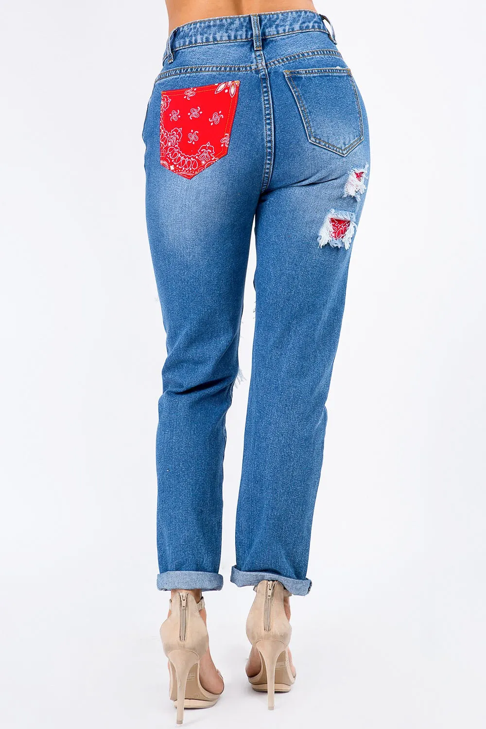 High Waist Bandana Patchwork Jeans