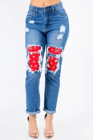 High Waist Bandana Patchwork Jeans