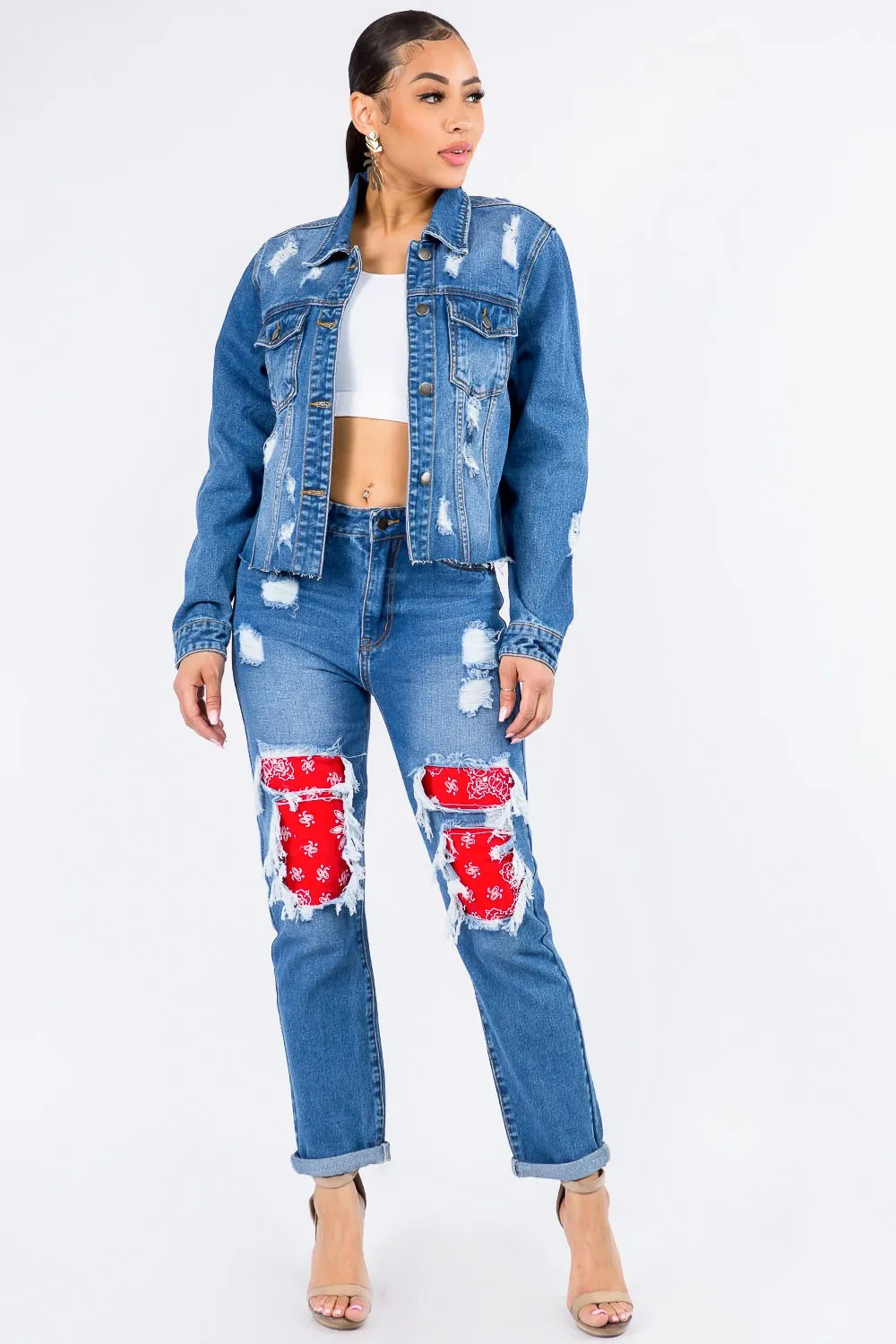 High Waist Bandana Patchwork Jeans