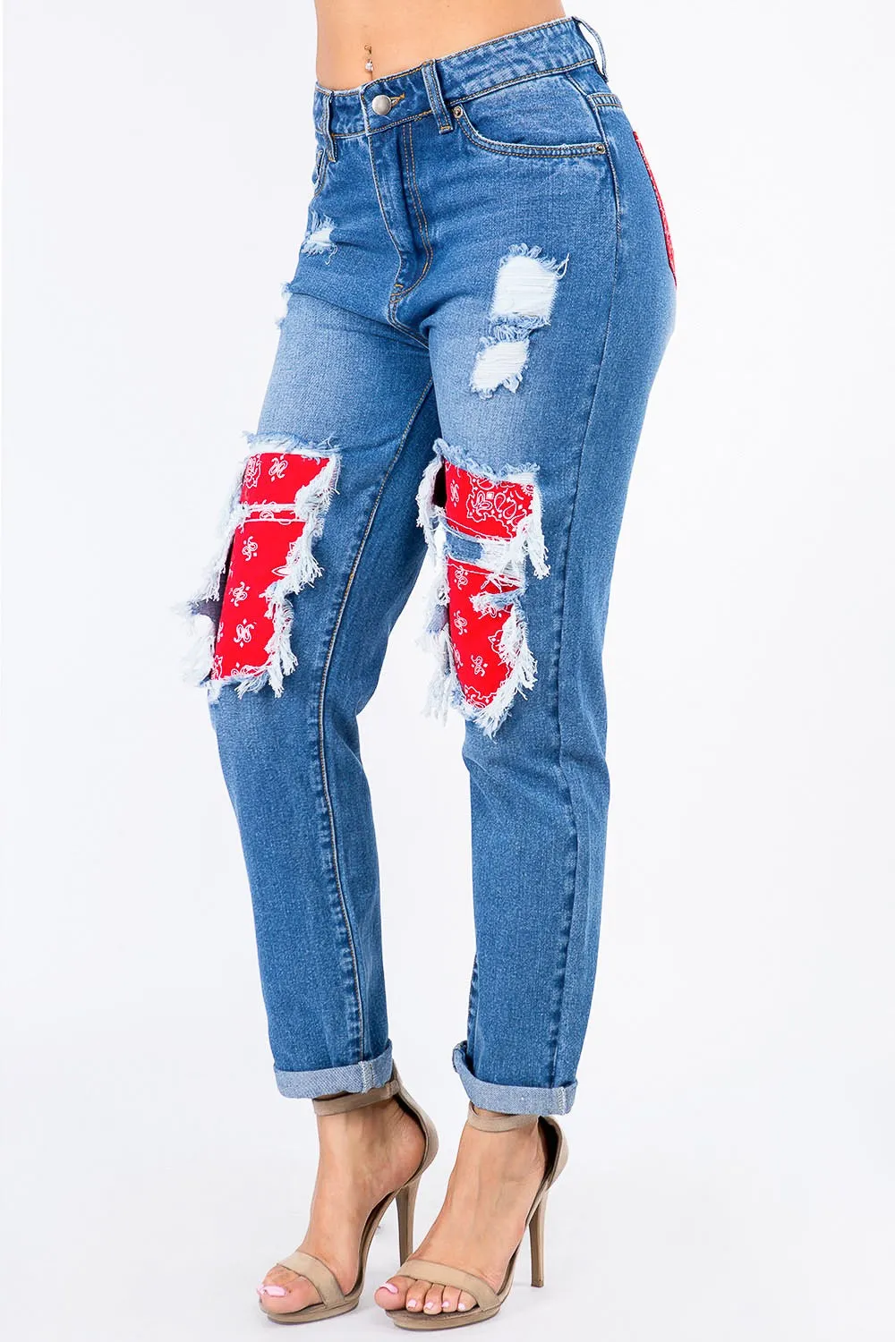 High Waist Bandana Patchwork Jeans