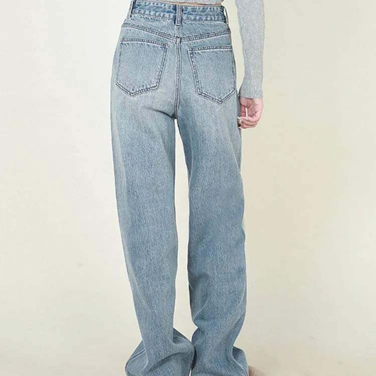 High Waist Loose Retro Brushed White Neutral Daddy Denim Trousers For Women