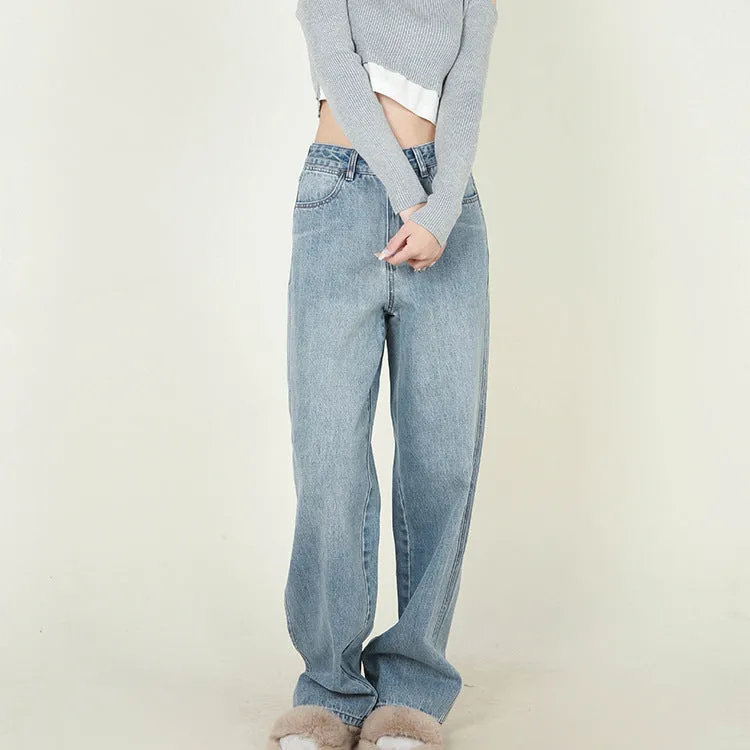 High Waist Loose Retro Brushed White Neutral Daddy Denim Trousers For Women