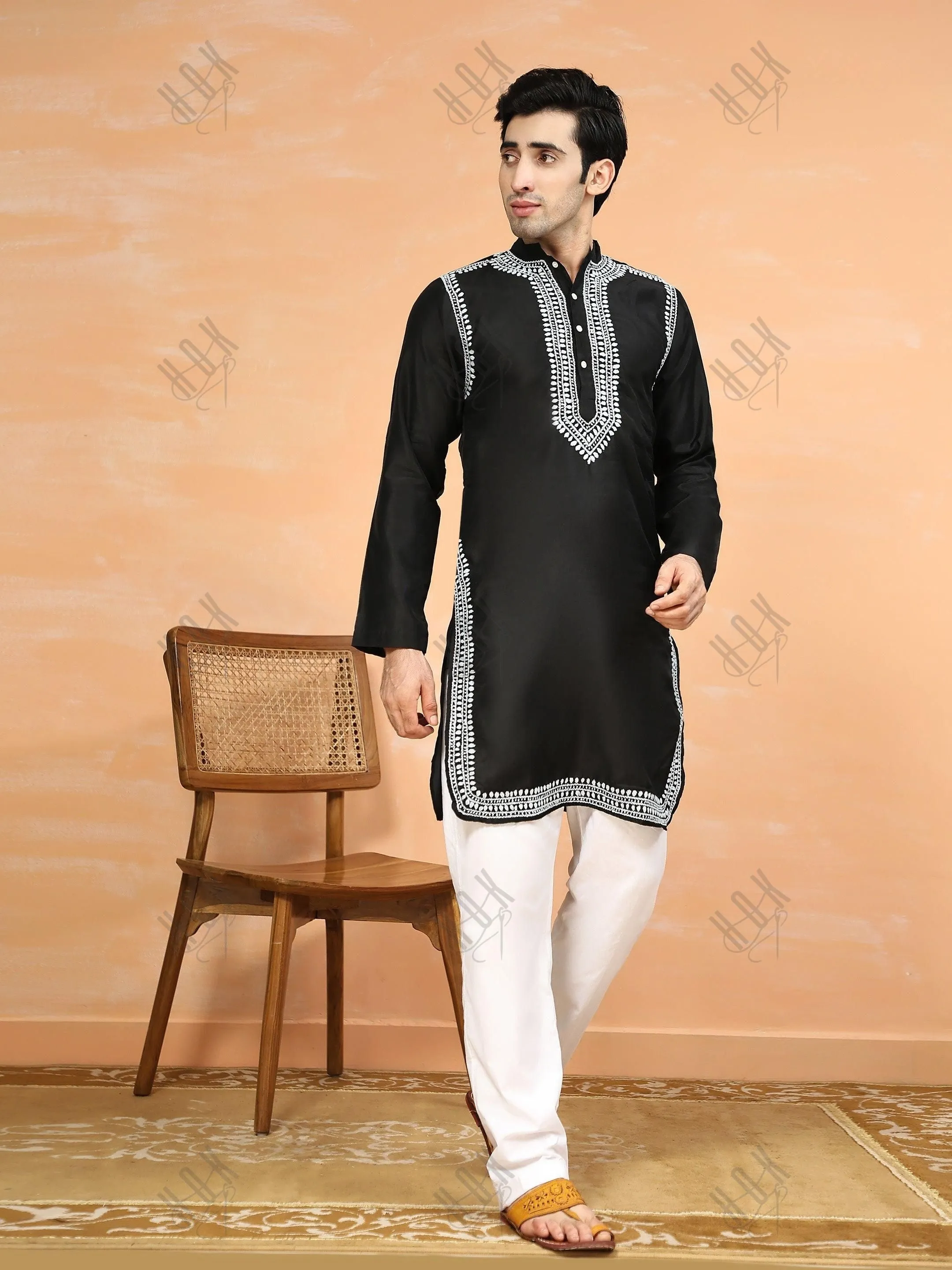 HOK Men's Chikankari Kurta in Chanderi Silk - Black