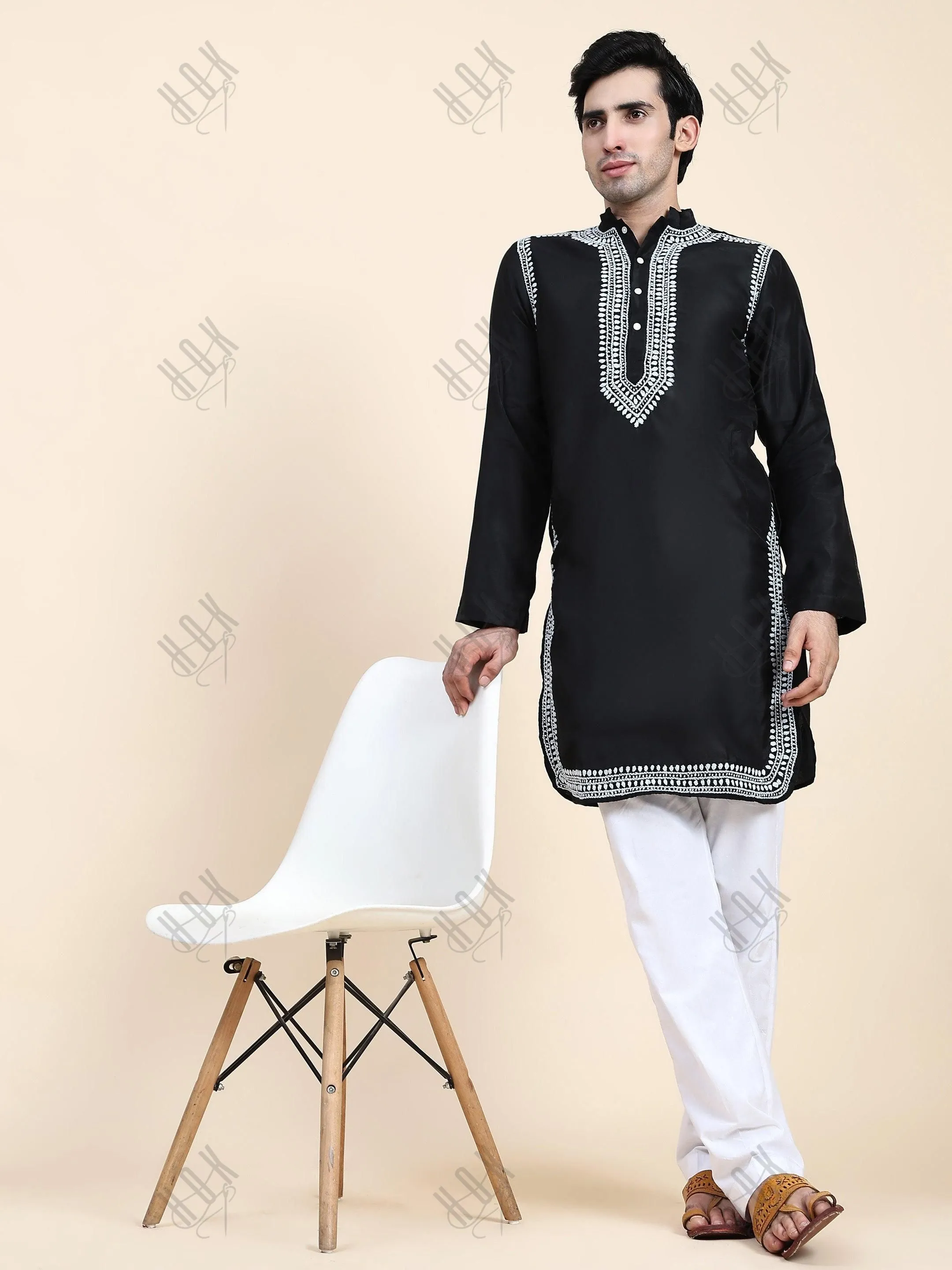 HOK Men's Chikankari Kurta in Chanderi Silk - Black