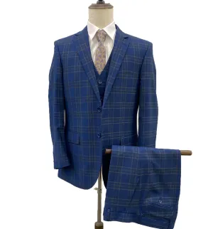 Mazari Windowpane Vested Modern Fit Suit - Paris Blue 2034