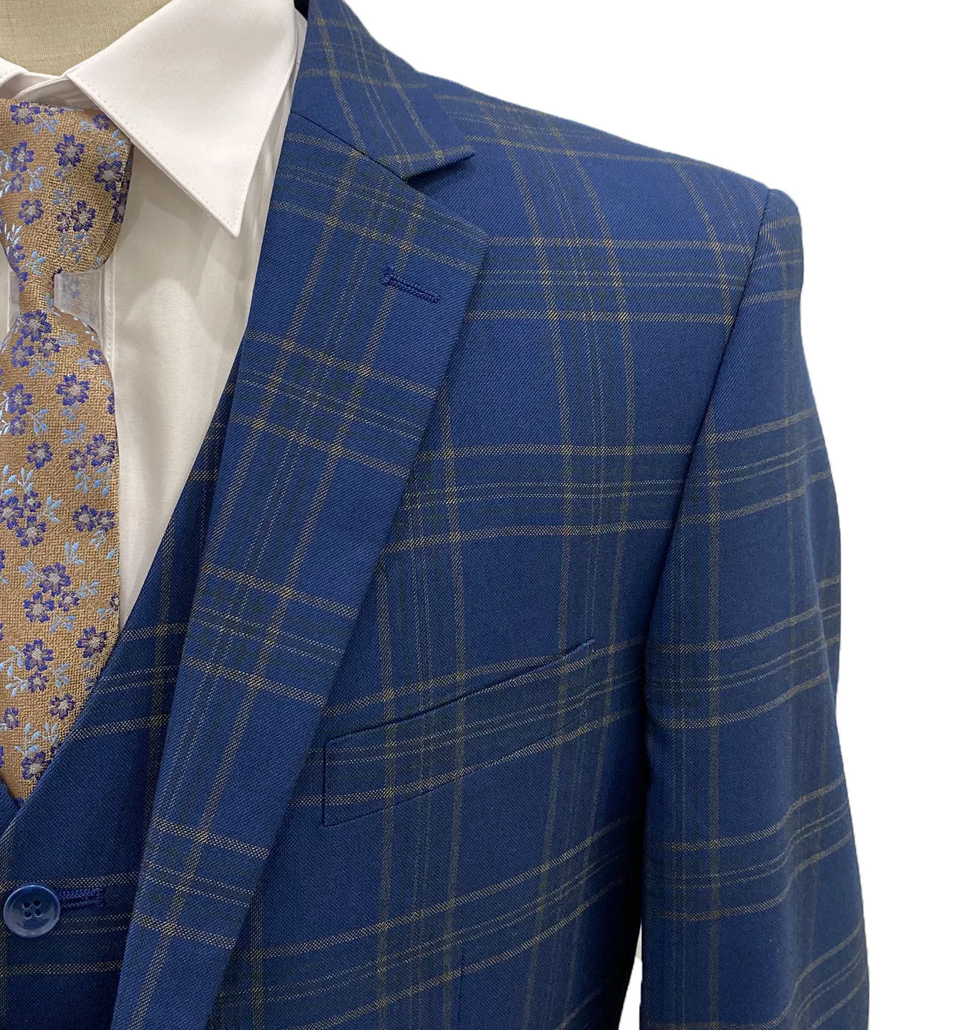 Mazari Windowpane Vested Modern Fit Suit - Paris Blue 2034