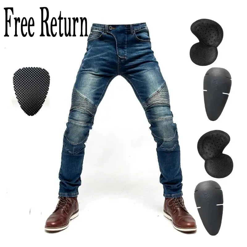 Men's Motorcycle Racing Pants Tight Blue Motorcycle Elastic Jeans With Pads Tight Motorcycle Slim Jeans