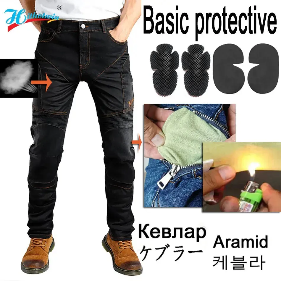 Men's Motorcycle Racing Pants Tight Blue Motorcycle Elastic Jeans With Pads Tight Motorcycle Slim Jeans