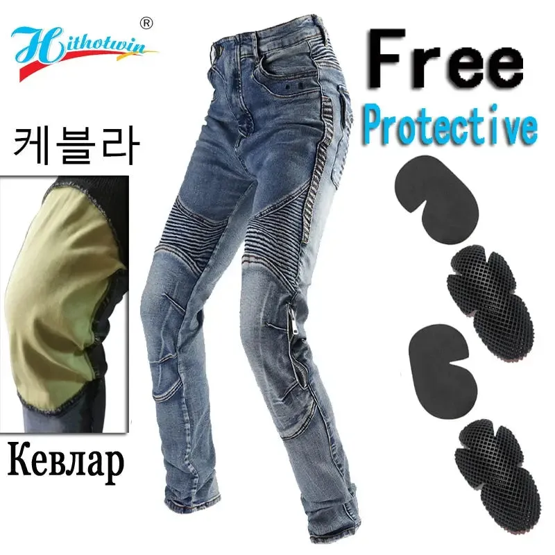 Men's Motorcycle Racing Pants Tight Blue Motorcycle Elastic Jeans With Pads Tight Motorcycle Slim Jeans