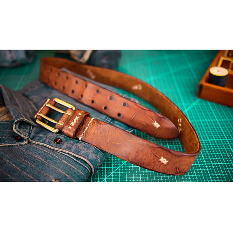 Men's Wide Double Pin Buckle Leather Belt