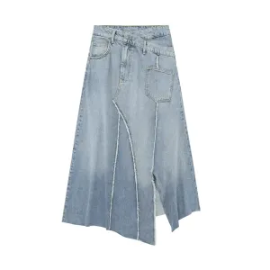 Pre Order:  Denim Patchwork Midi Jeans Skirt