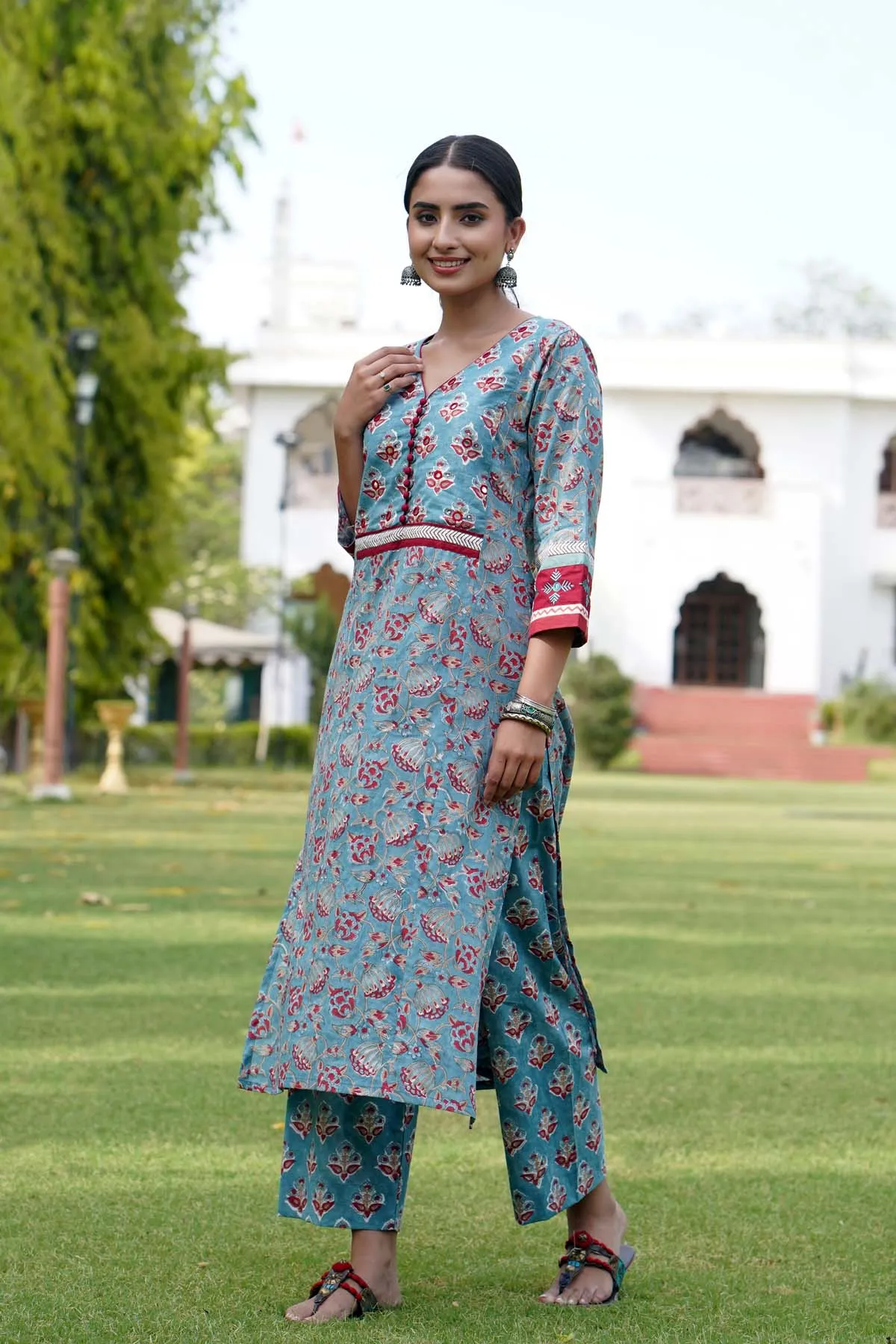 Straight Fit Kurta/Pant Set In Teal Grey Color