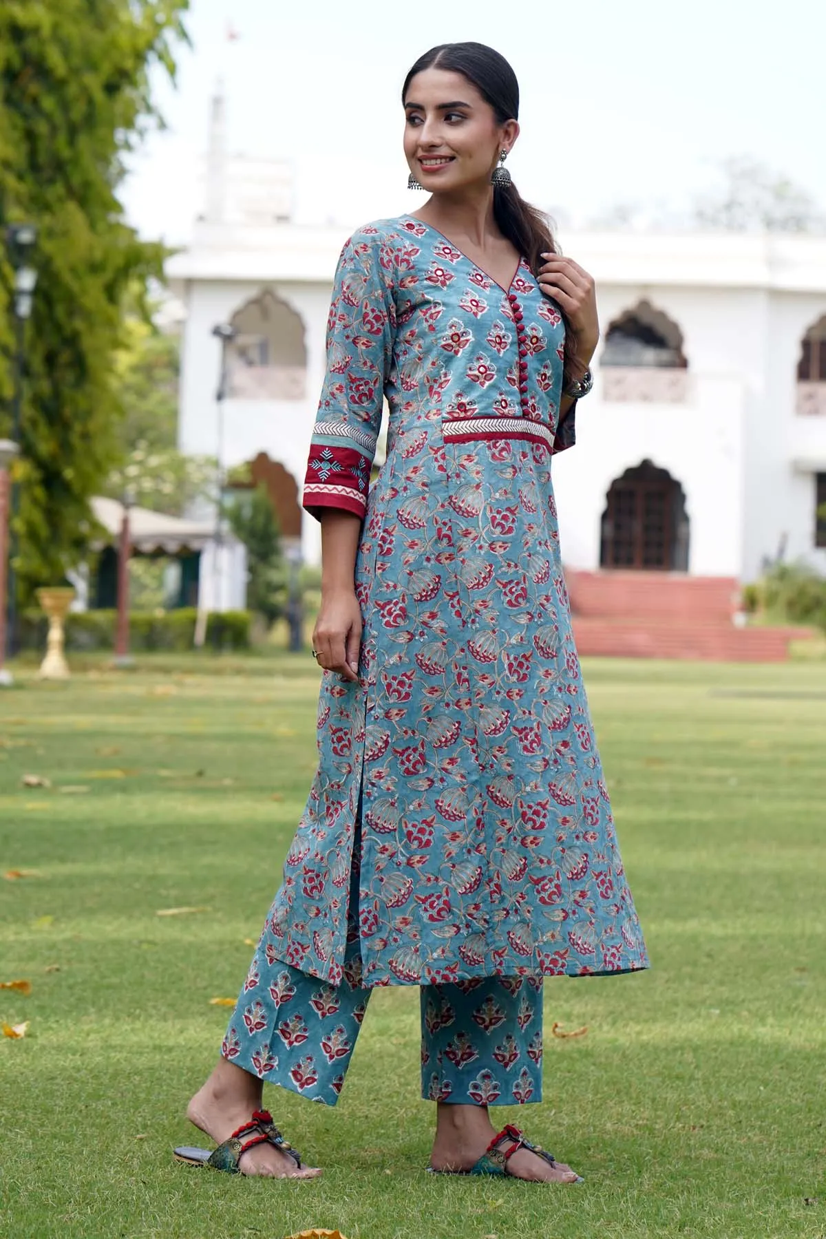 Straight Fit Kurta/Pant Set In Teal Grey Color