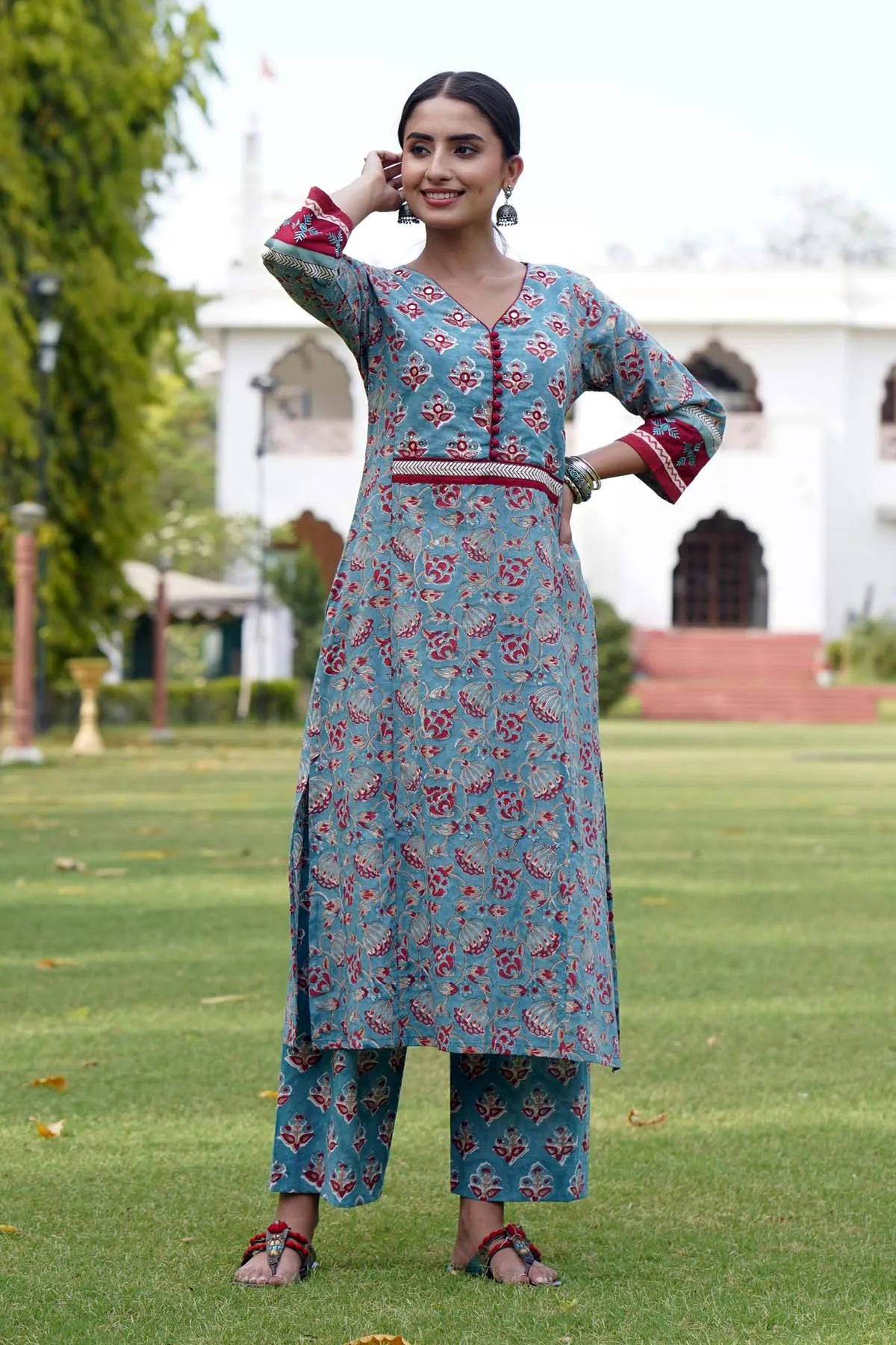 Straight Fit Kurta/Pant Set In Teal Grey Color