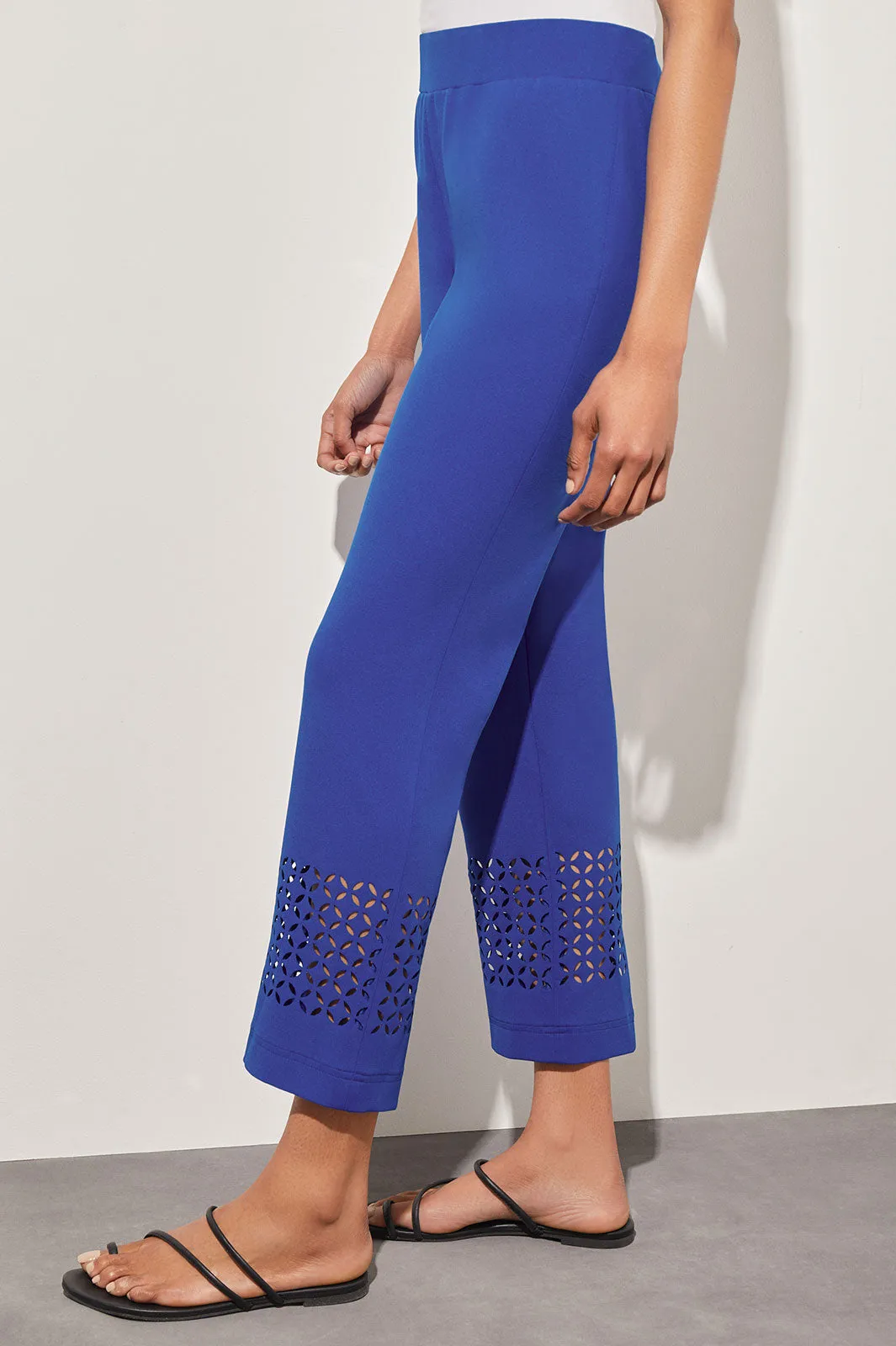 Stretch Deco Crepe Straight-Leg Cut Out Detail Ankle Pants