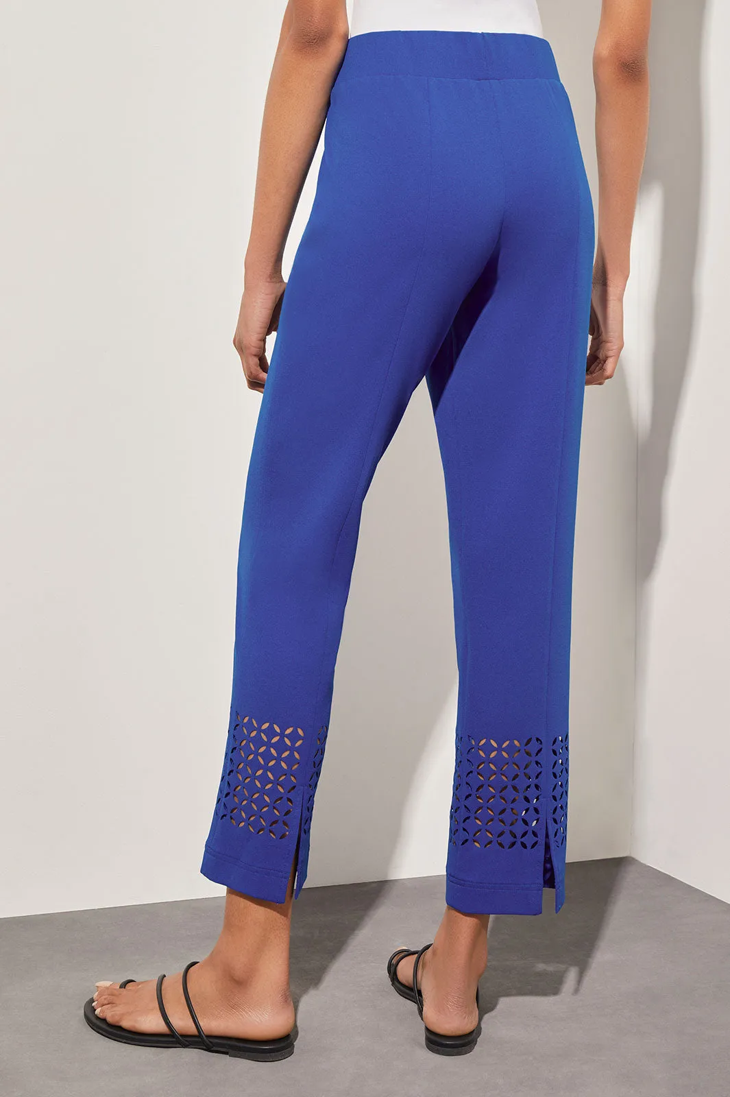 Stretch Deco Crepe Straight-Leg Cut Out Detail Ankle Pants