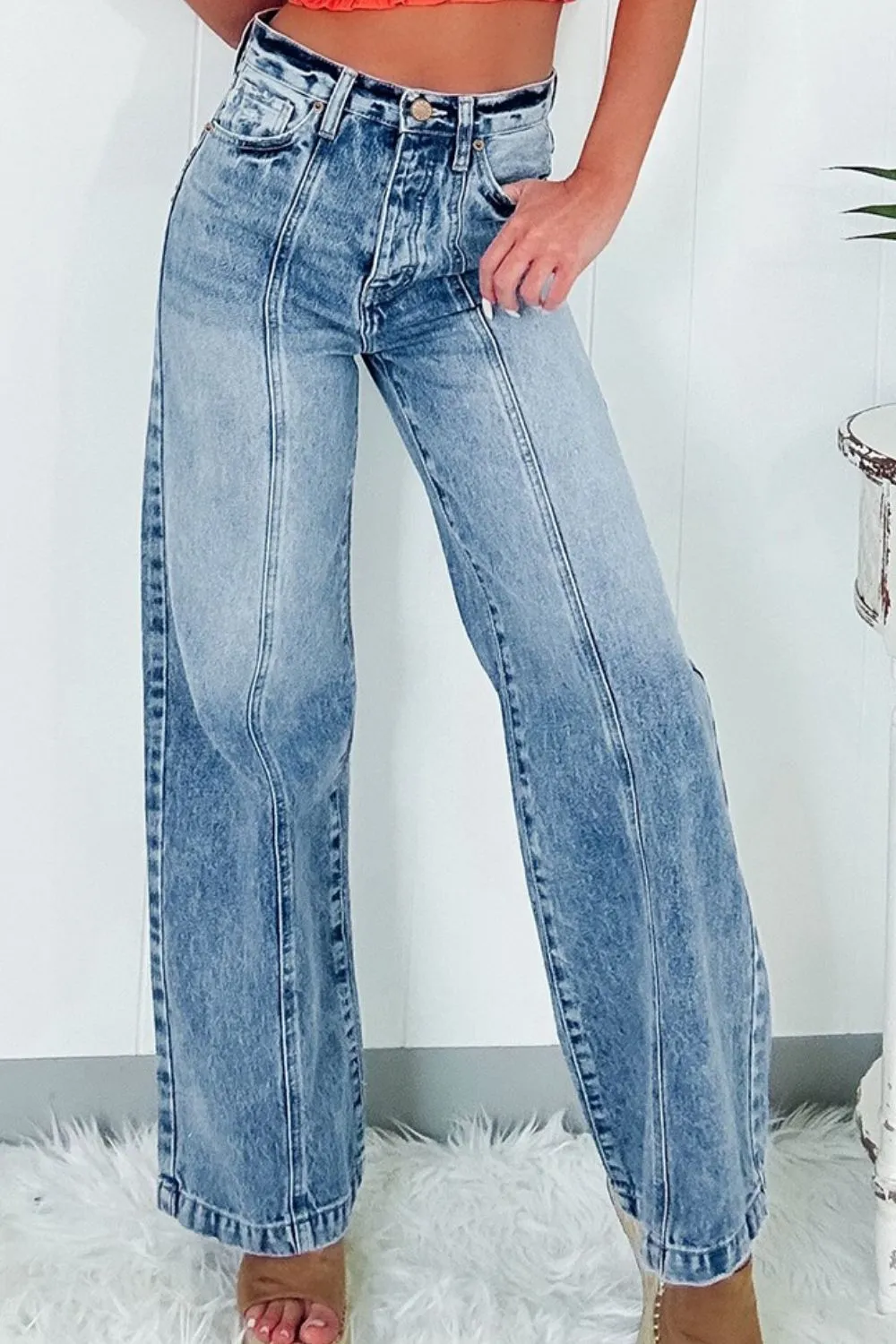 TEEK - High Waist Wide Leg Medium Wash Jeans