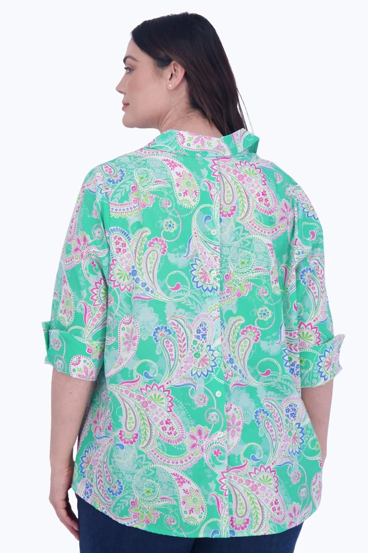 Therese Plus No Iron Green Paisley Popover Shirt